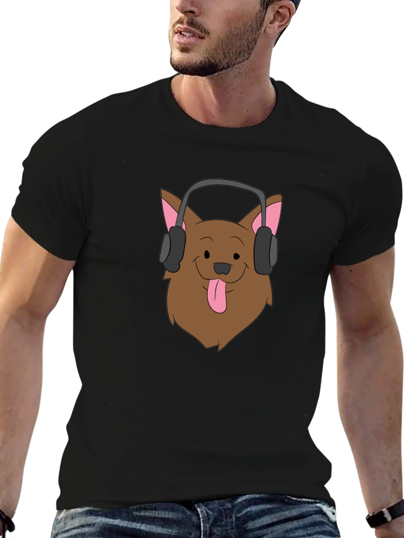 Black Dog with Headphones Graphic Tee - Black Cotton T-Shirt view 6