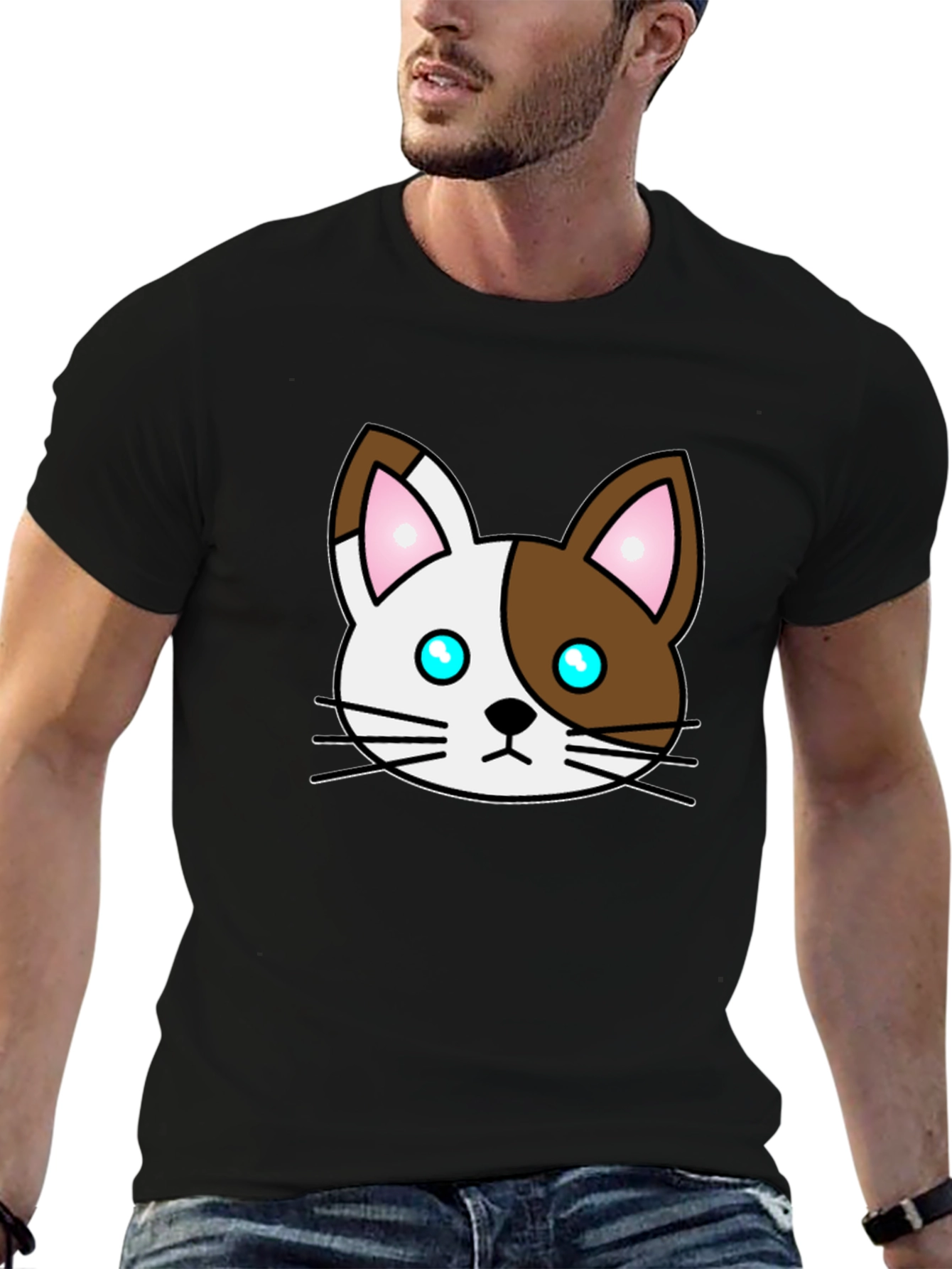 Cartoon Cat Face Graphic T-Shirt - Unisex Black Tee - 6