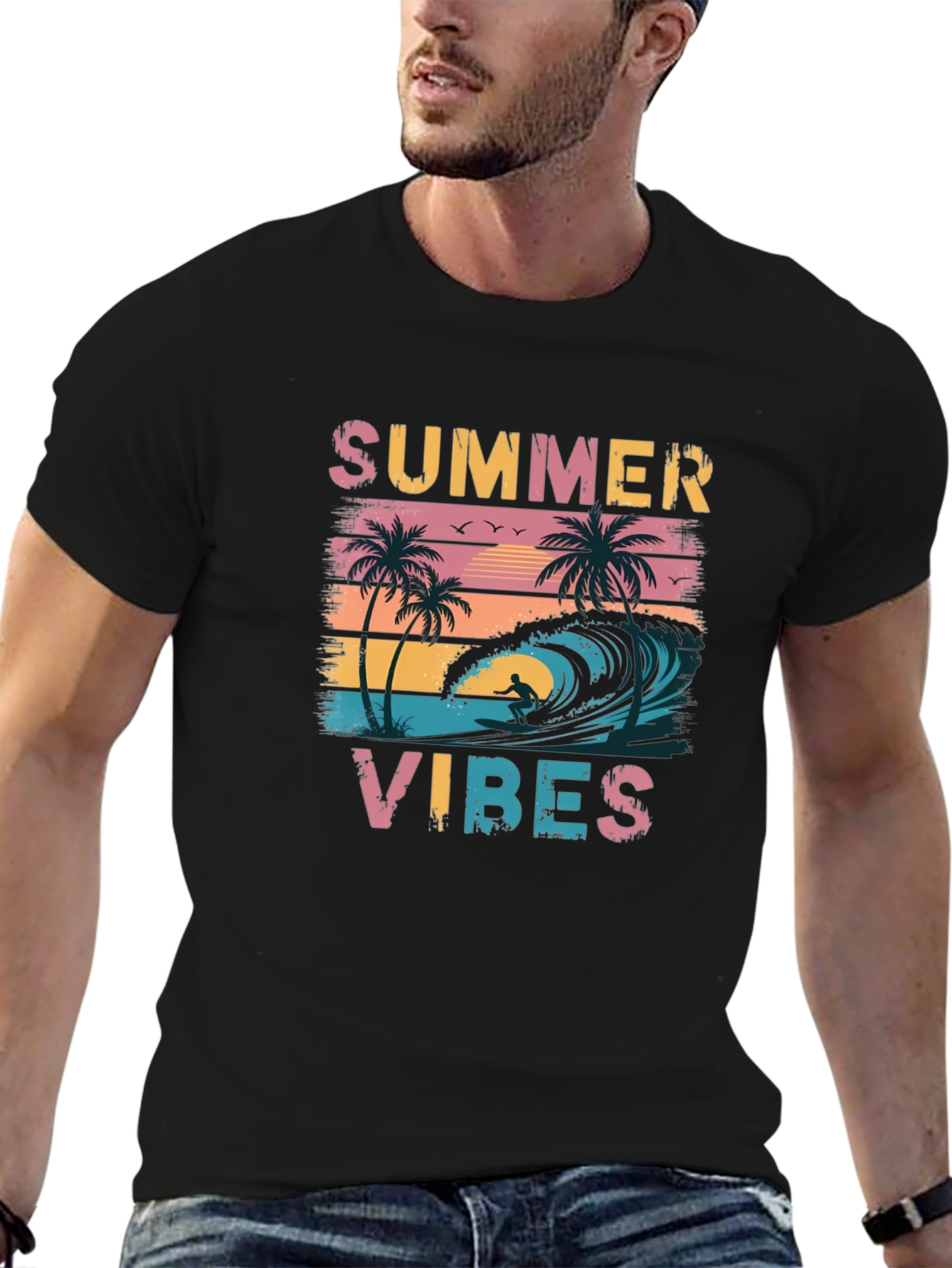 Black Summer Vibes Graphic Tee - Black Casual T-Shirt view 6