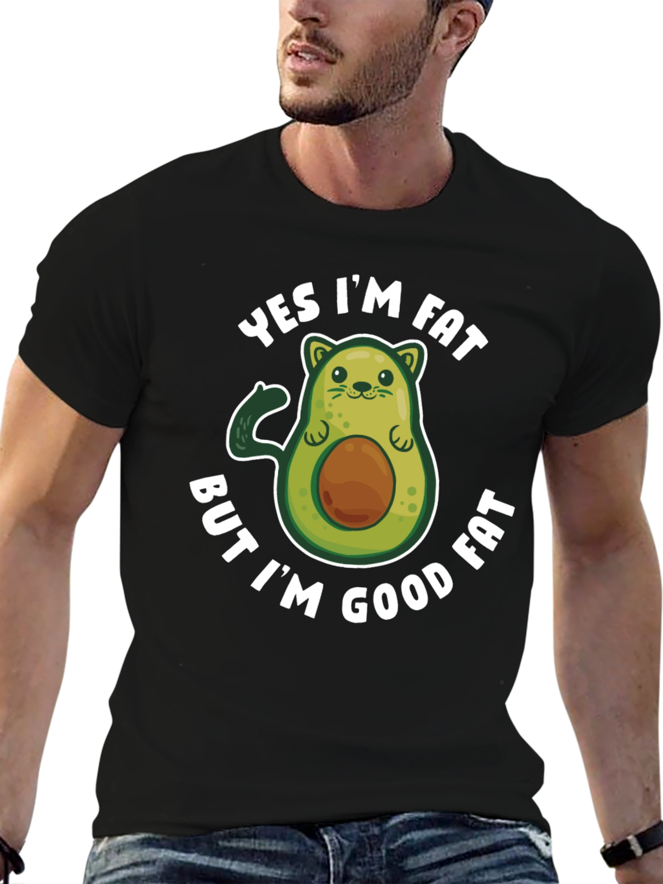 Black Funny Avocado Graphic T-Shirt - Yes I'm Fat But I'm Good Fat view 6