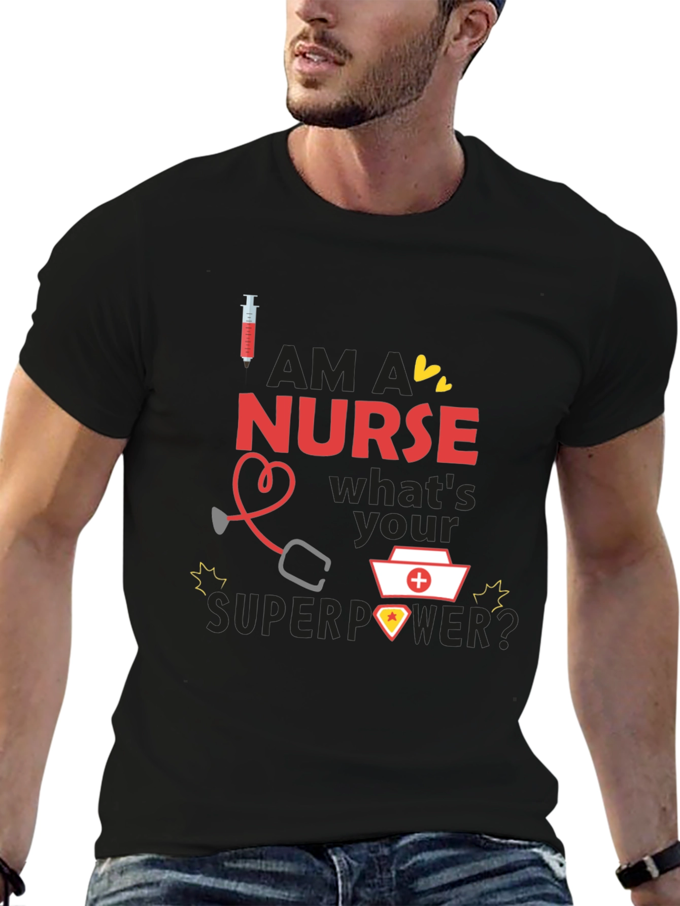 Black Nurse Superpower T-Shirt - Black, Novelty Graphic Tee view 6