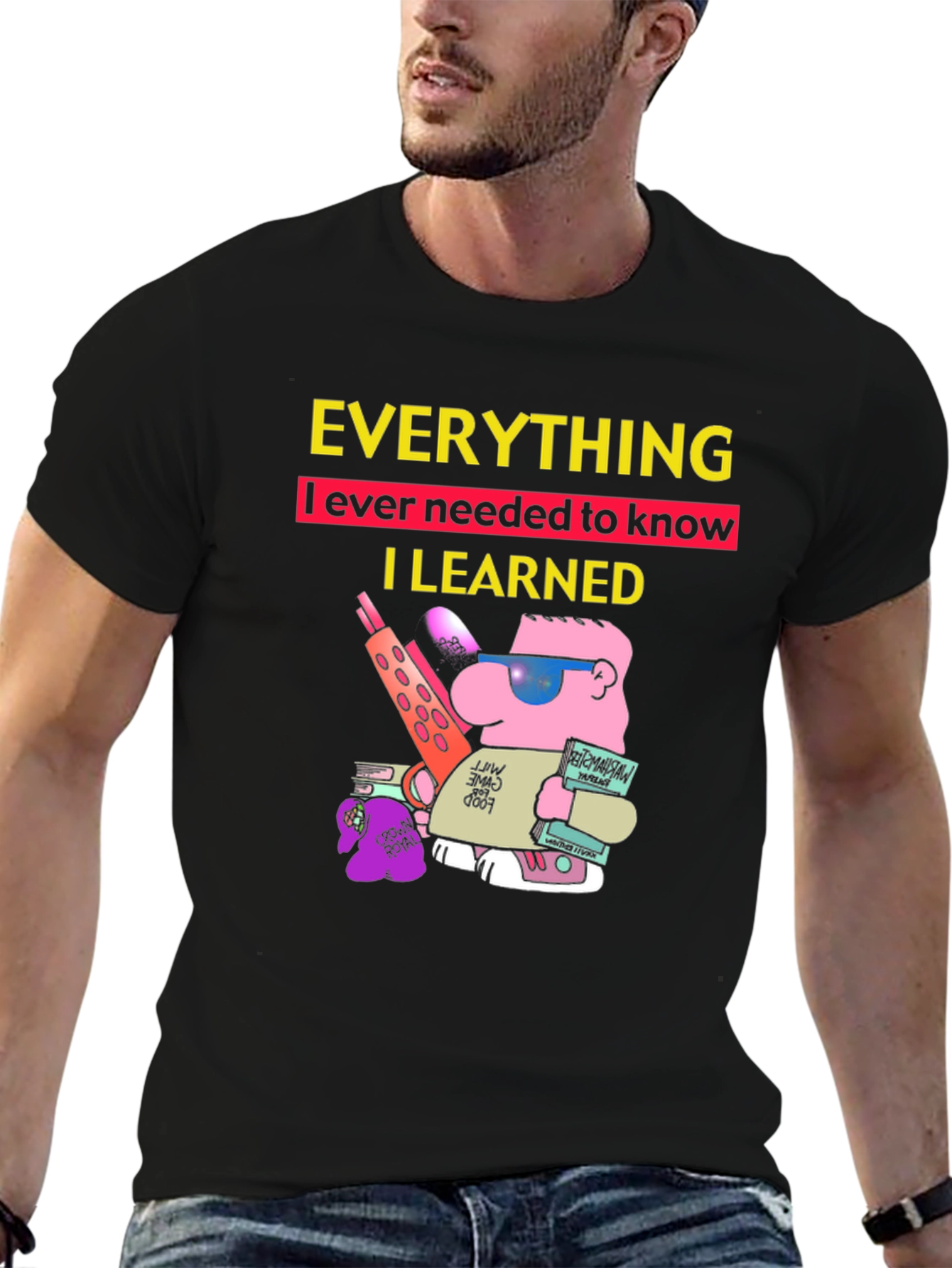 Black Everything I Learned T-Shirt Funny Cartoon Graphic Tee view 6