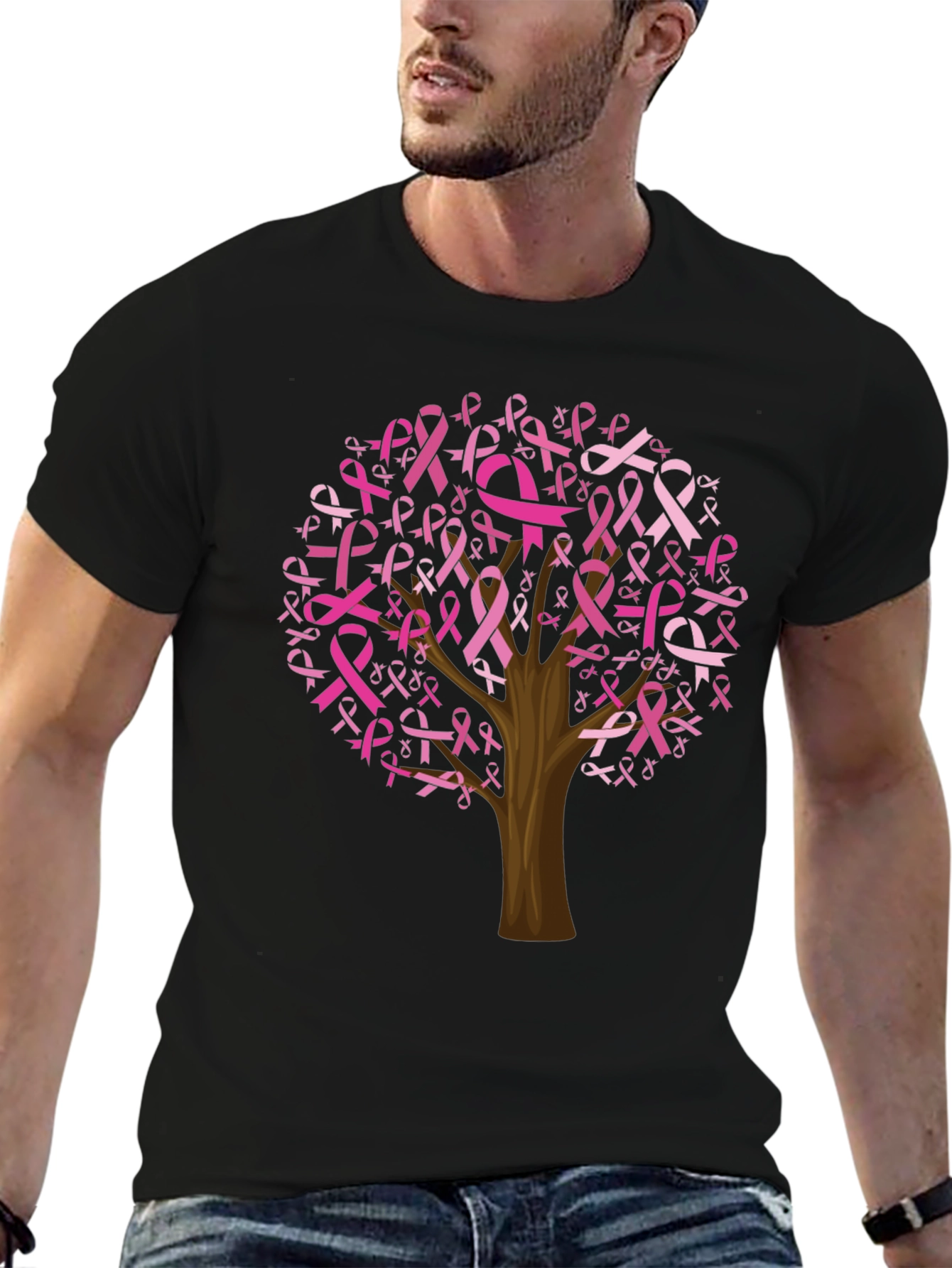 Black Breast Cancer Awareness Ribbon Tree Black Tee view 6