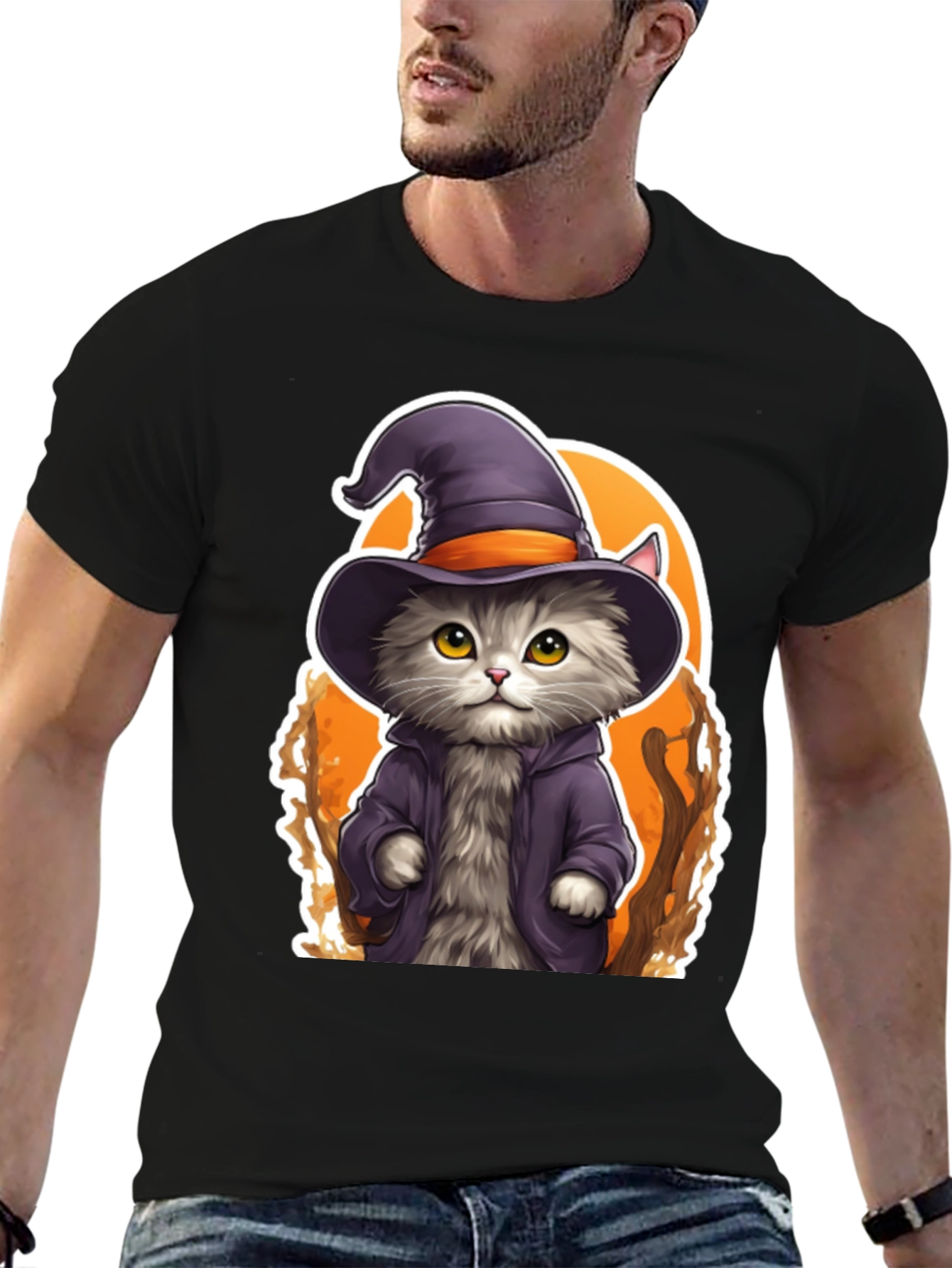 Black Wizard Cat Graphic Tee - Spooky Season Shirt view 6