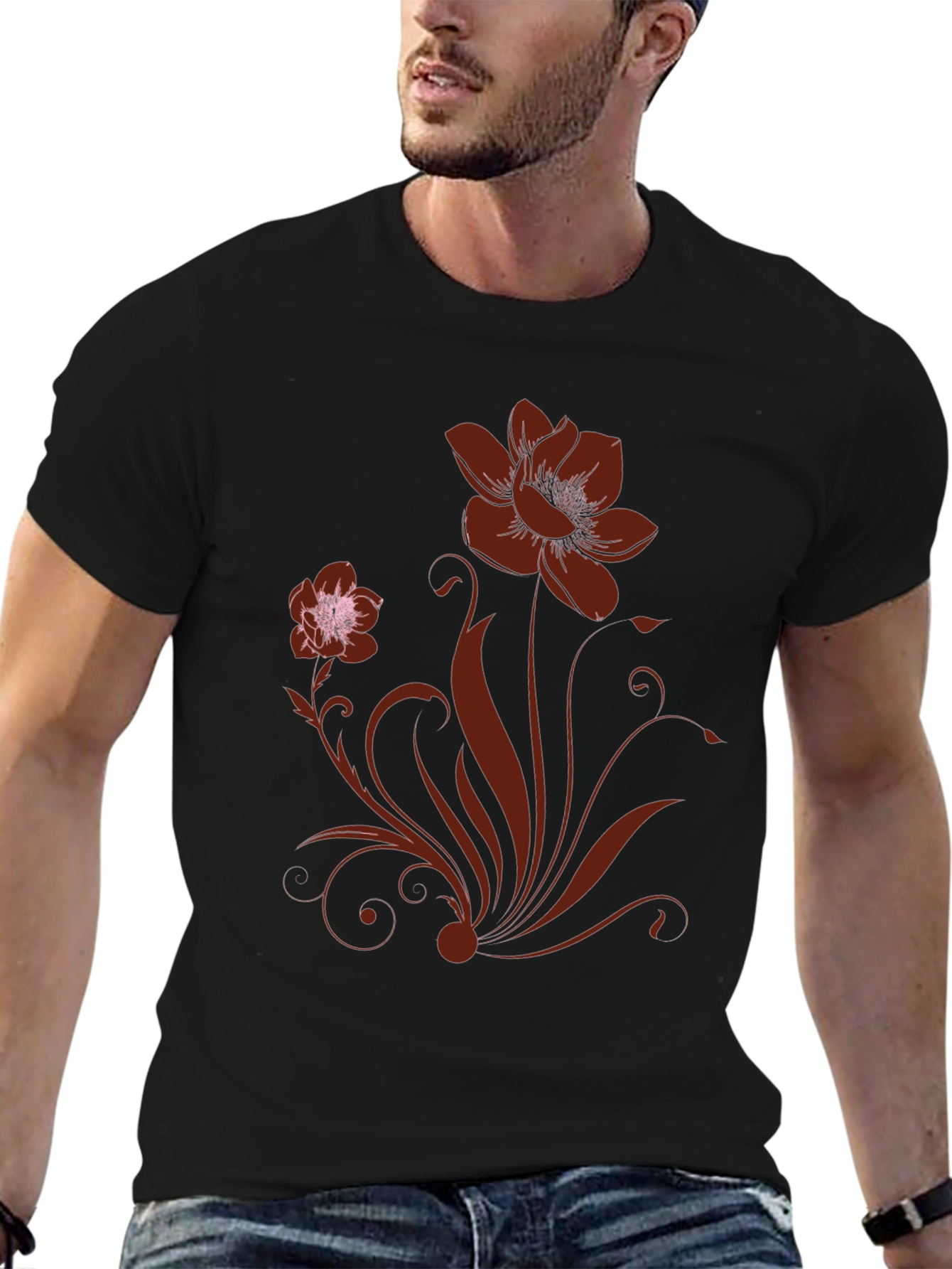 Black Floral Print Black Crew Neck T-Shirt view 6