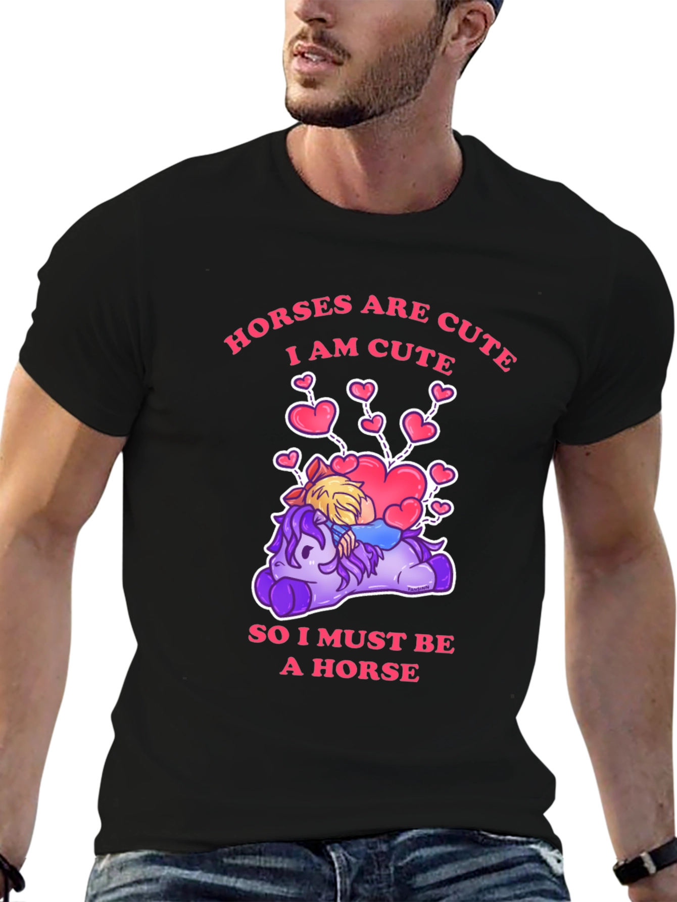 Black Cute Horse Cartoon Graphic T-Shirt view 6
