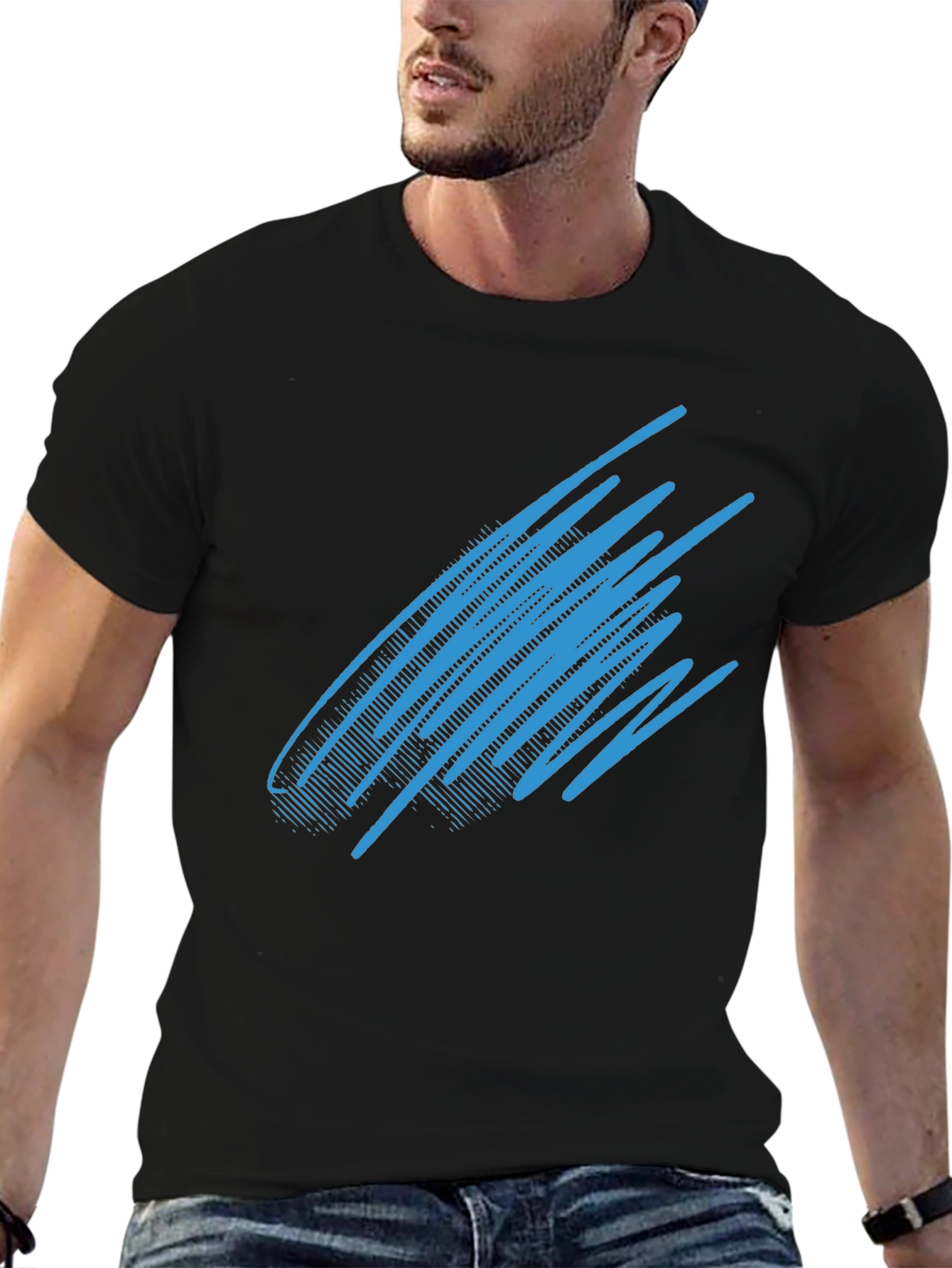 Black Abstract Blue Line Graphic Black T-Shirt view 6