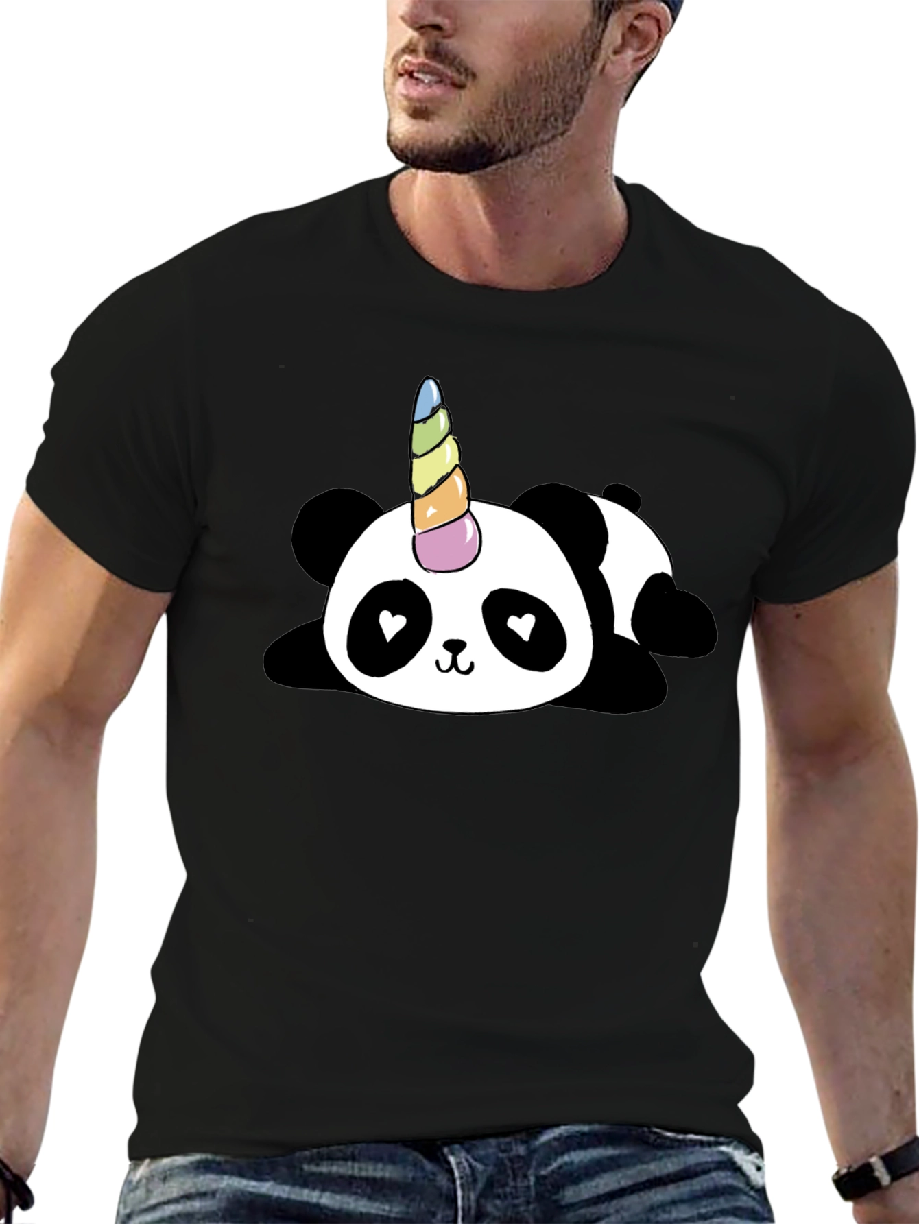 Black Cute Panda Unicorn Graphic T-Shirt - Black view 6