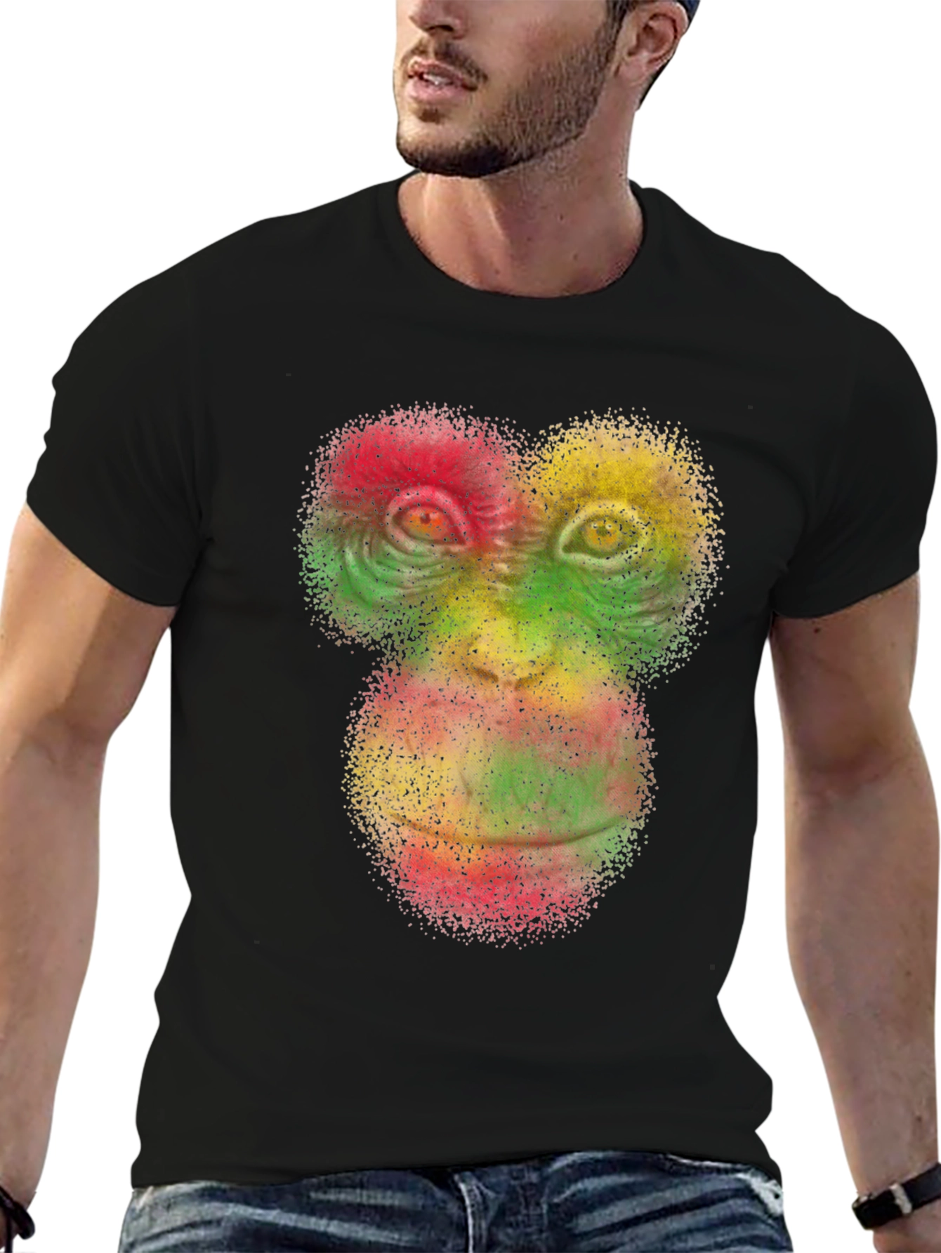 Black Rasta Monkey Face Graphic Tee - Black Cotton T-Shirt view 6