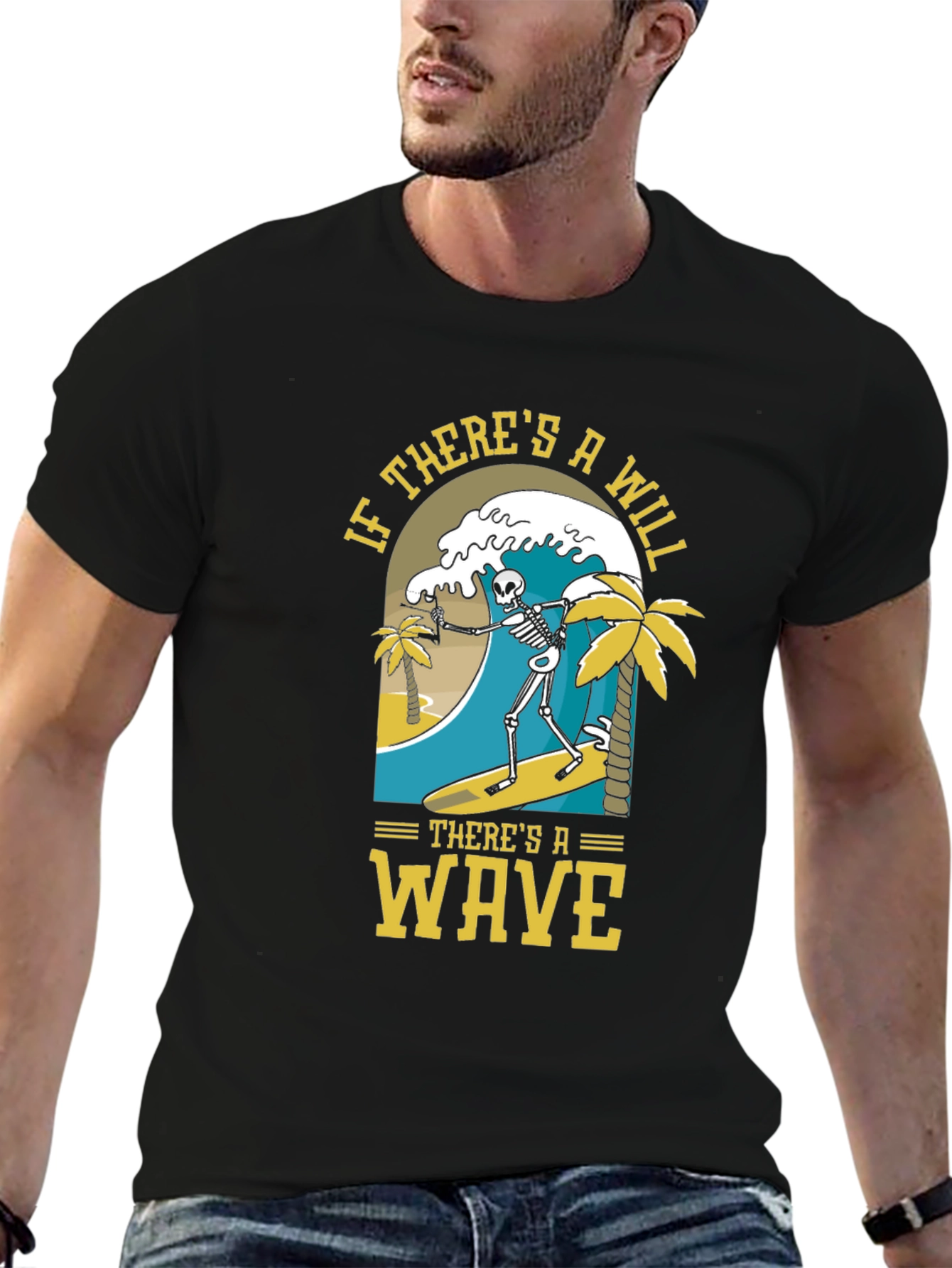Black Surfing Skeleton Graphic Tee - "If There's A Will, There's A Wave" view 6