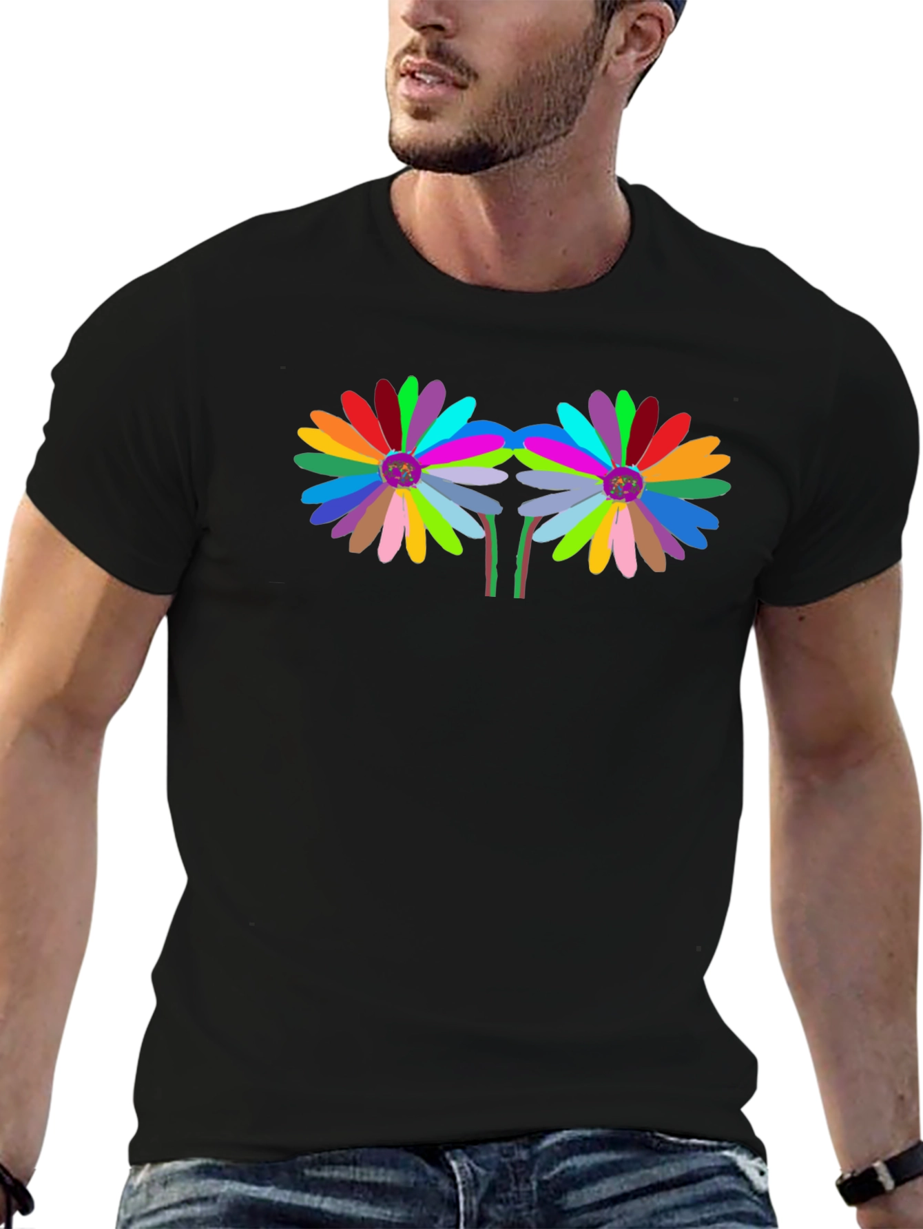 Black Colorful Floral Graphic Black T-Shirt view 6