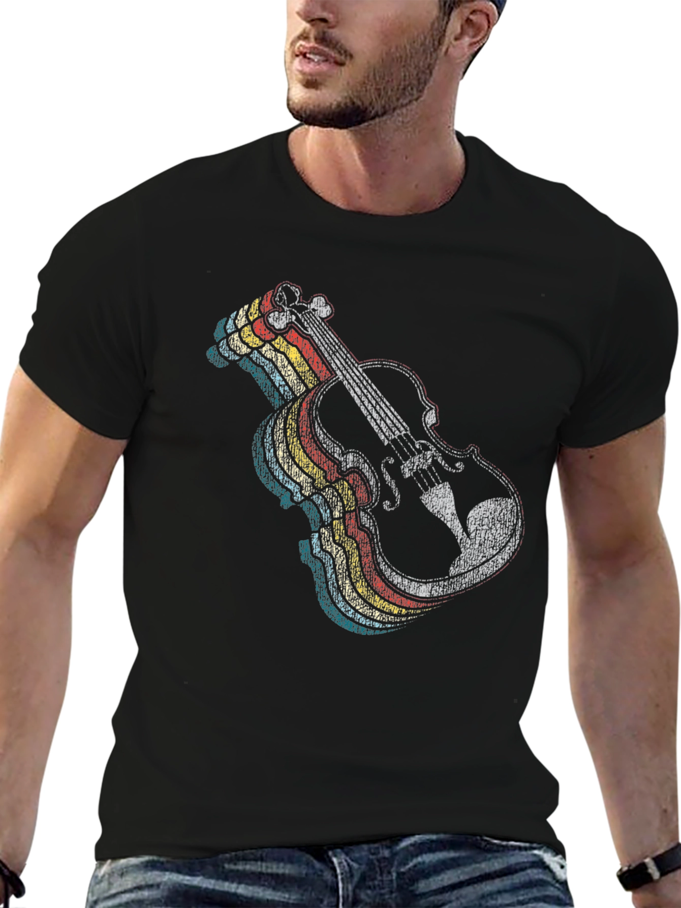 Black Retro Violin Graphic Tee - Music Lover's Black T-Shirt view 6