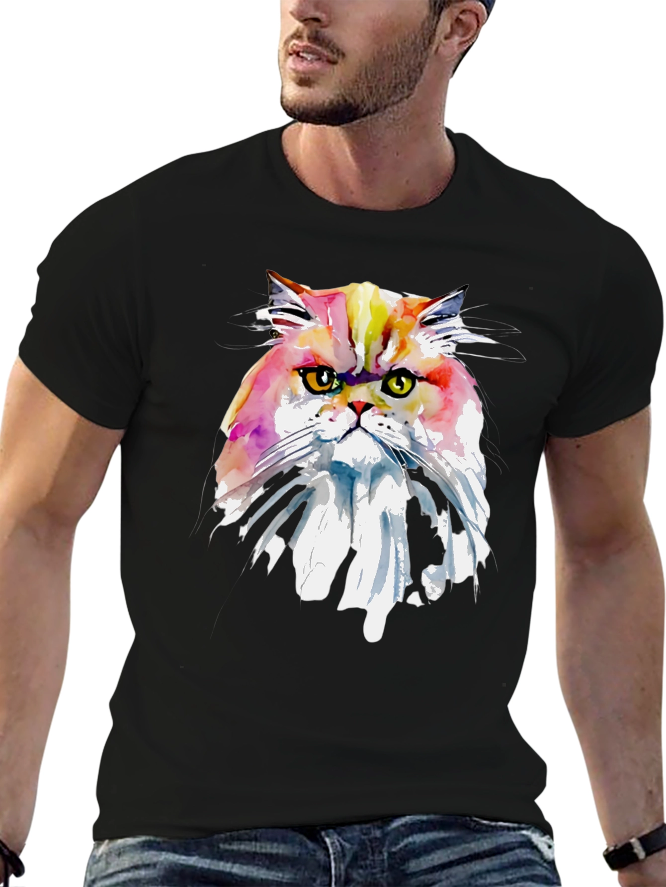 Black Watercolor Cat Graphic Tee - Unique Art T-Shirt view 6