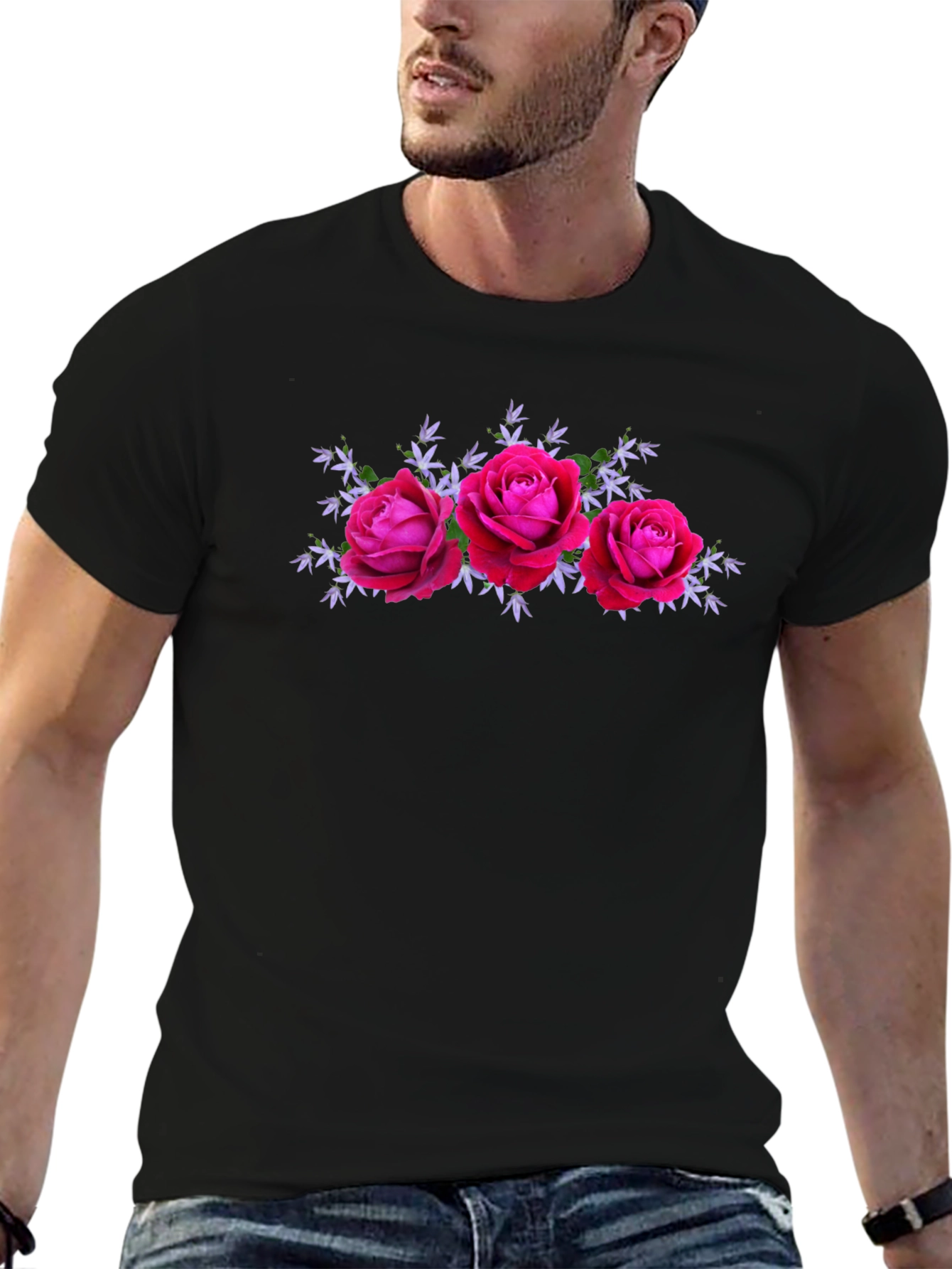 Black Floral Rose Graphic Black T-Shirt view 6