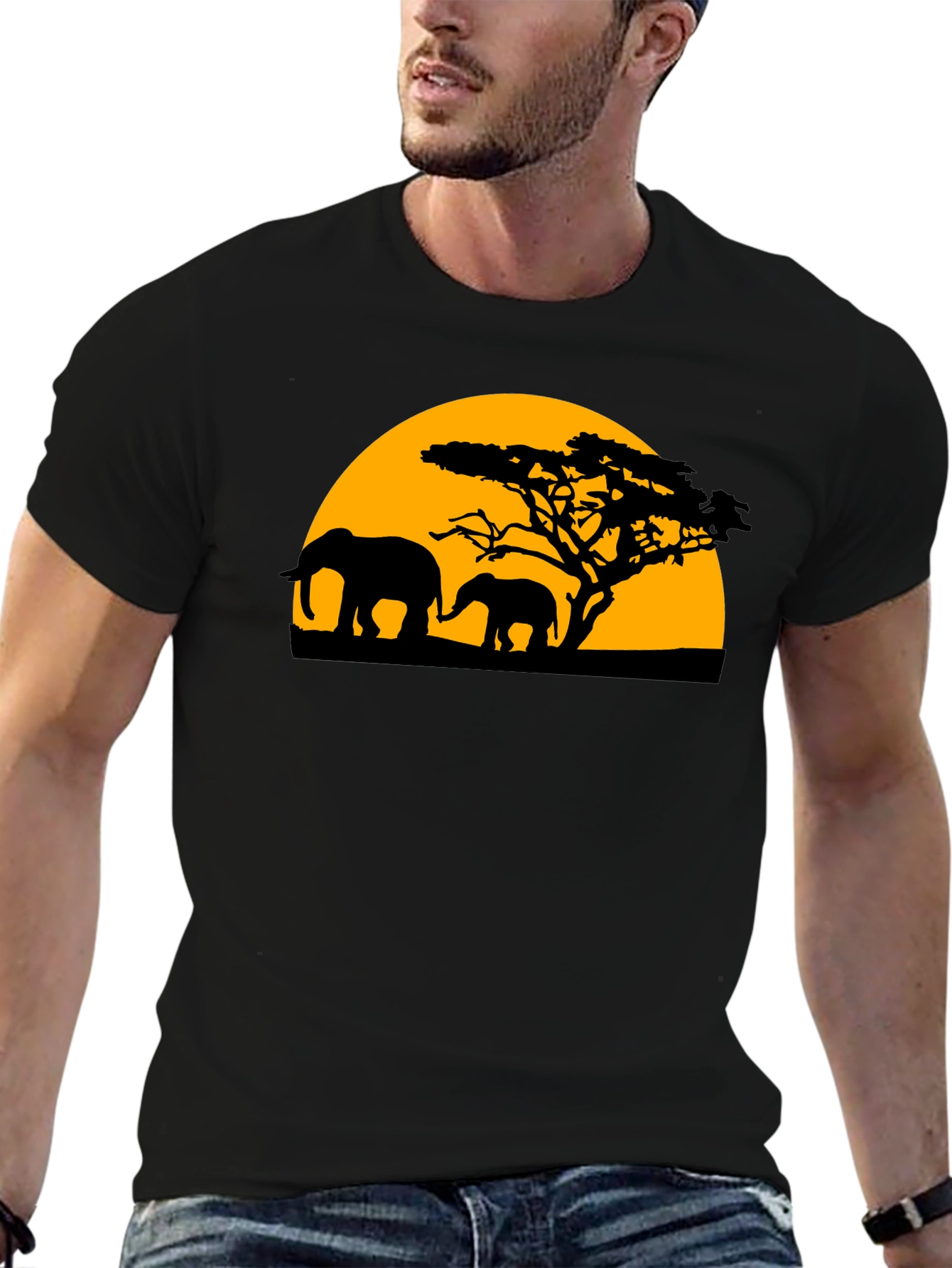 Black Elephant Sunset Graphic Tee - Black Cotton T-Shirt view 6