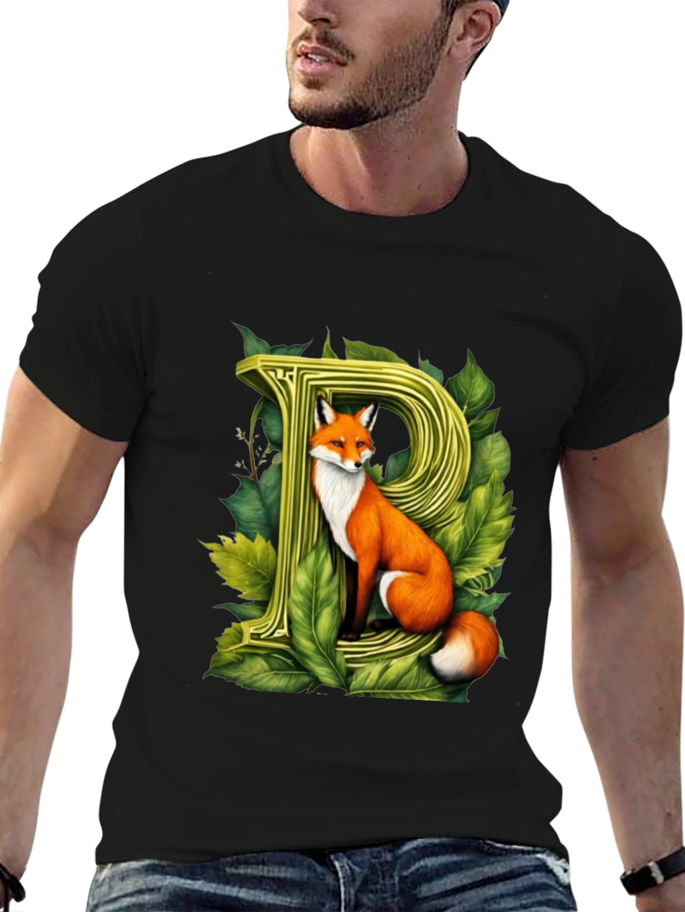 Black Fox P Letter Graphic Black T-Shirt view 6