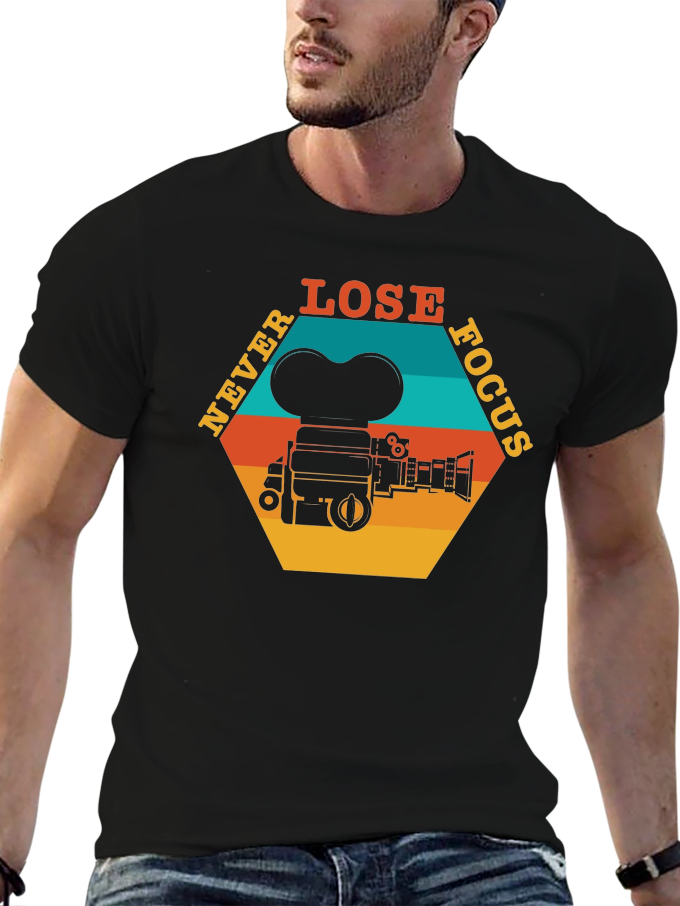 Black Never Lose Focus T-Shirt - Retro Camera Design view 6