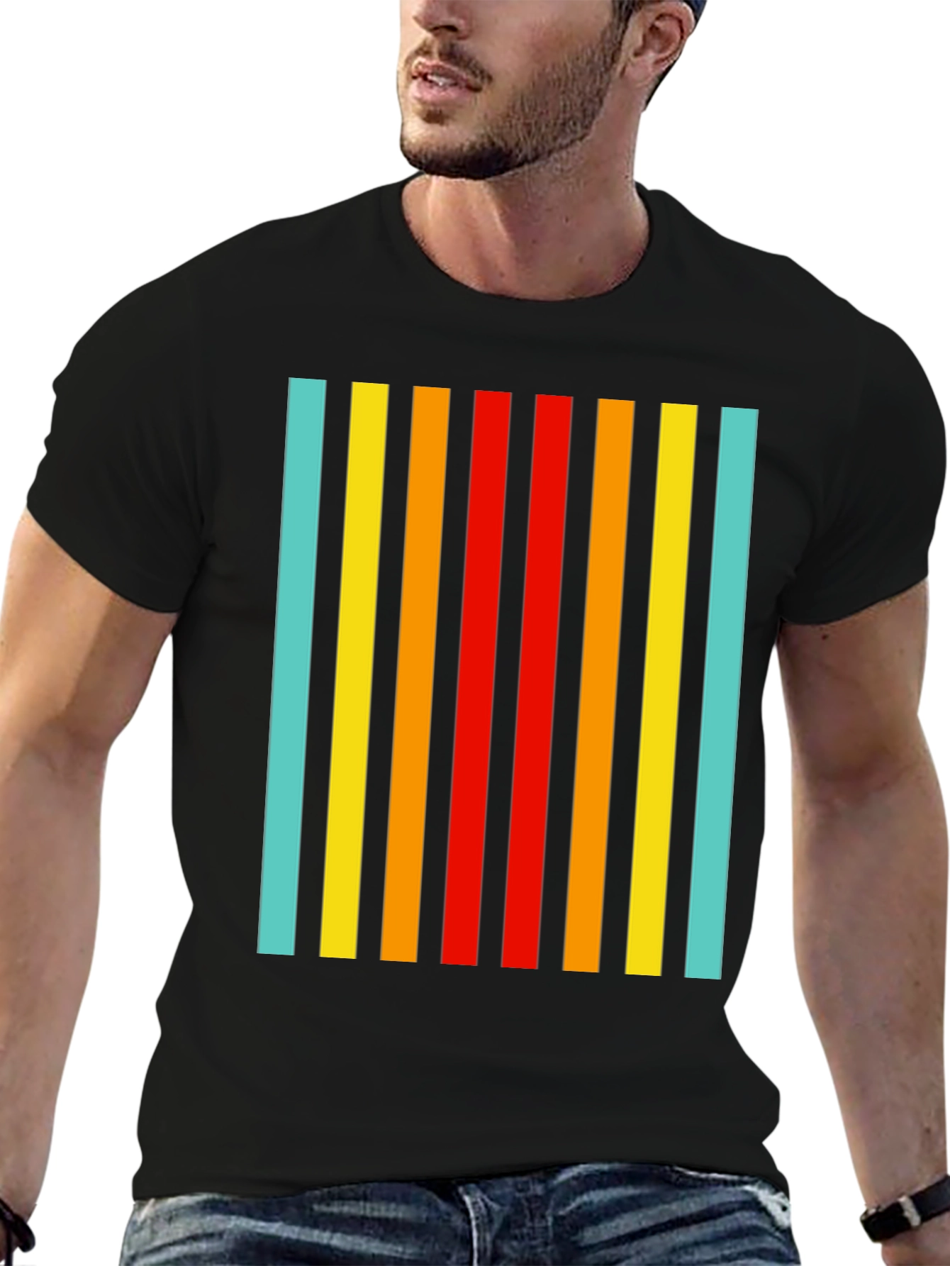 Black Retro Striped Tee - Black Casual T-Shirt view 6