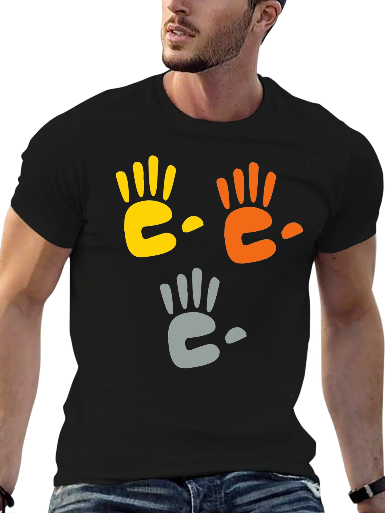 Black Colorful Handprint Graphic Black T-Shirt view 6