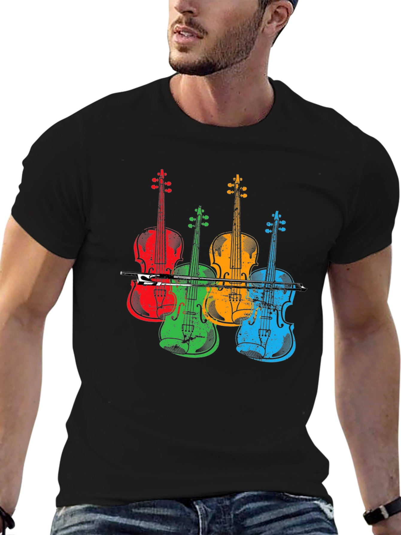 Black Colorful Violin Music T-Shirt view 6