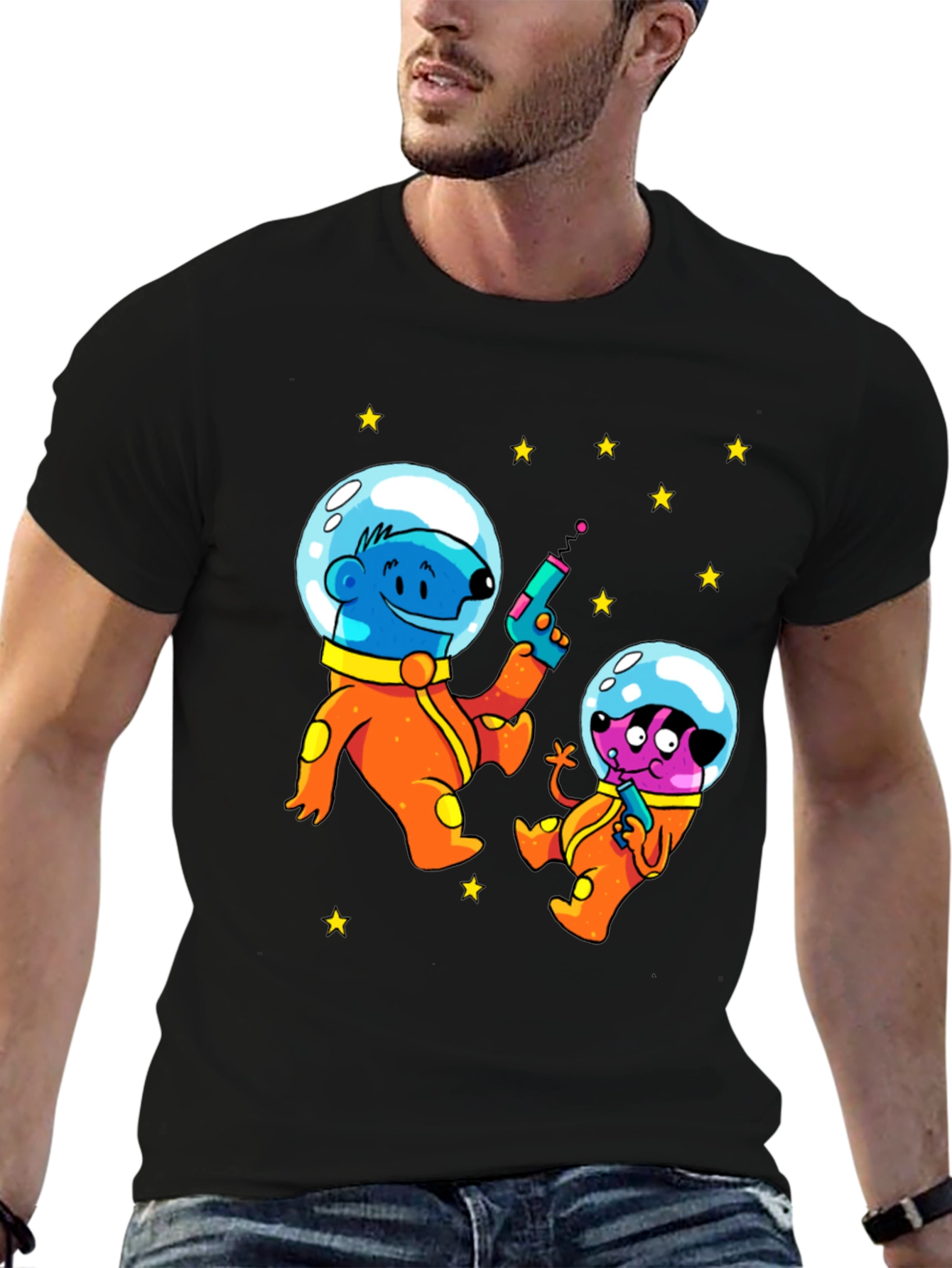 Black Cartoon Astronauts Black T-Shirt view 6