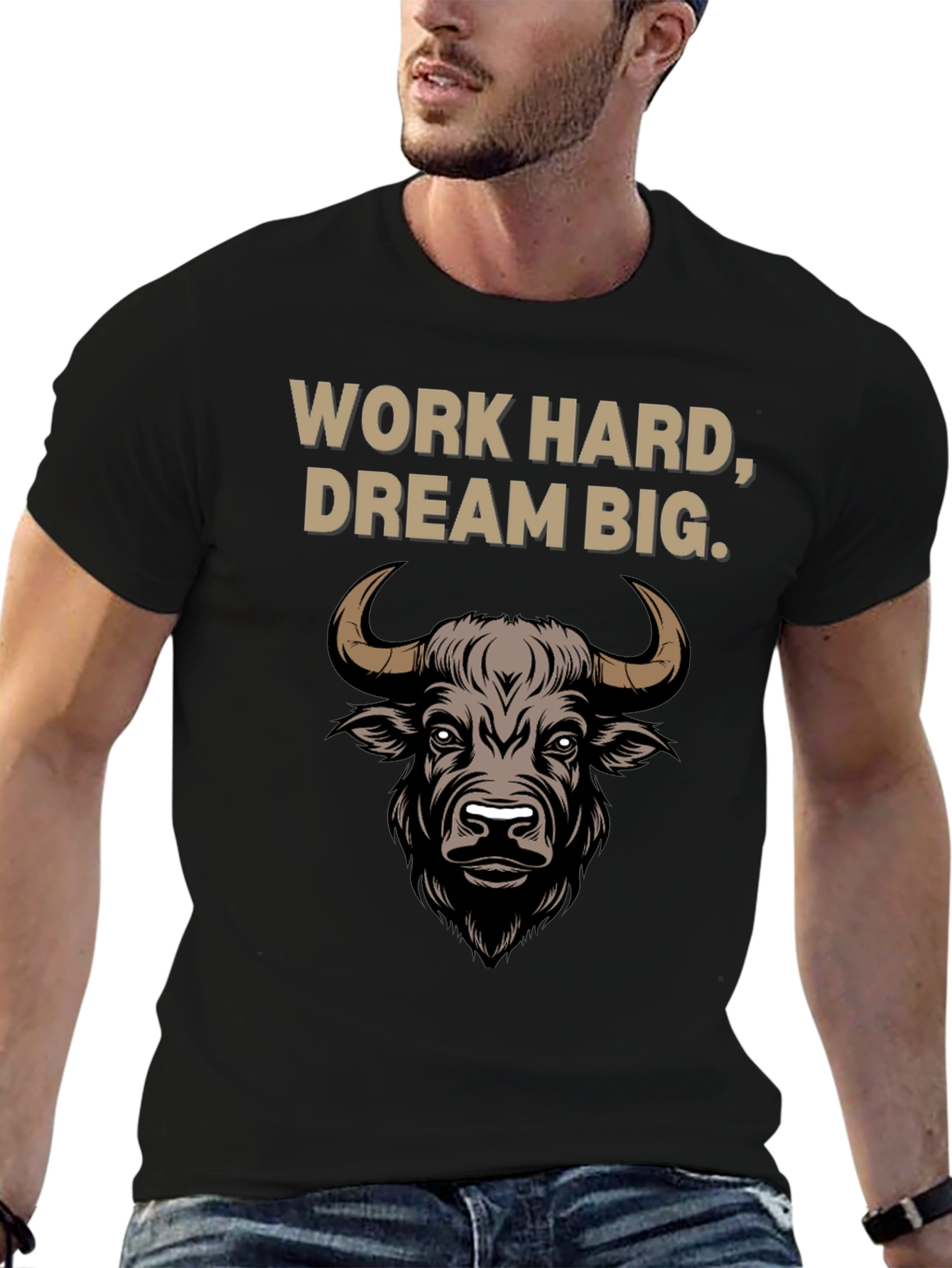Black Work Hard Dream Big Bull Graphic Tee view 6