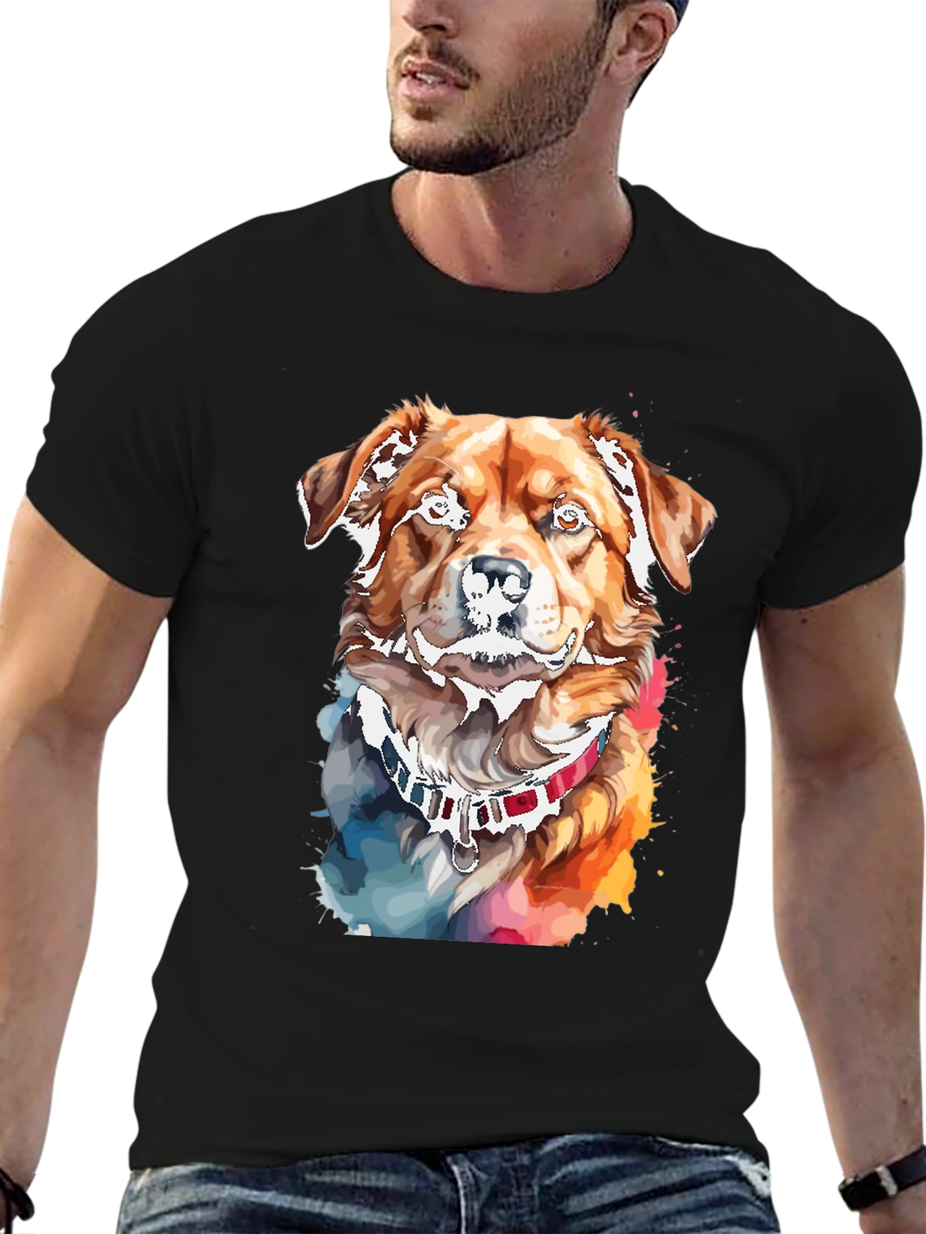 Black Watercolor Dog Print Black T-Shirt view 6