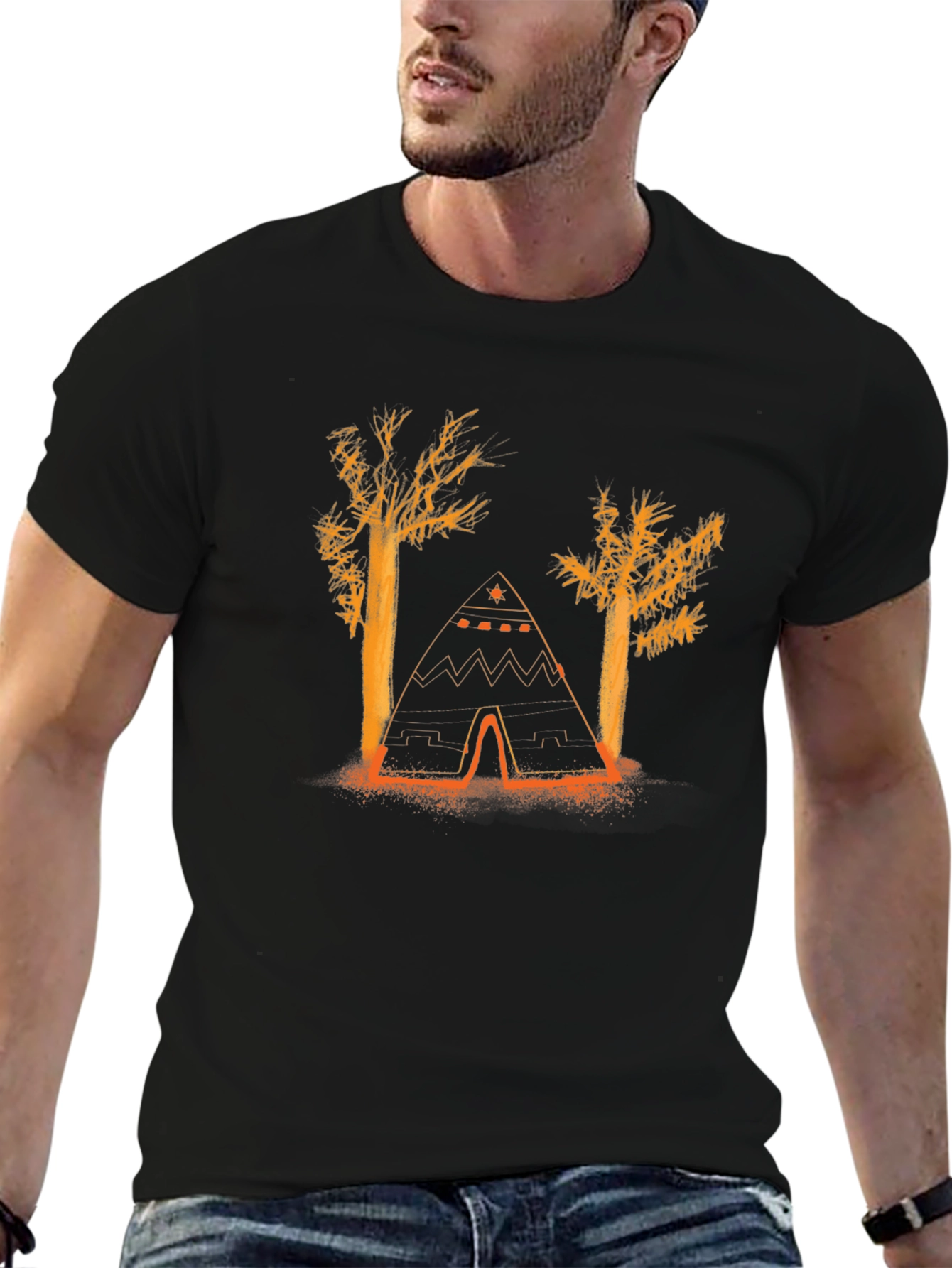 Black Nature Tee: Tent and Trees Graphic T-Shirt view 6