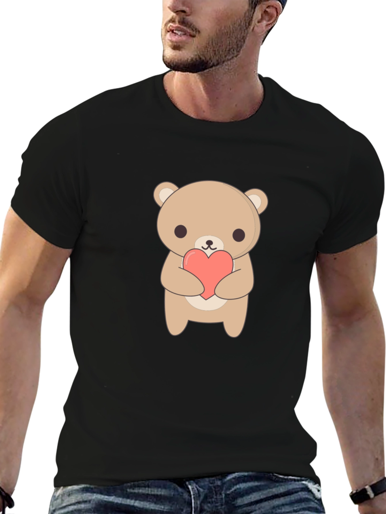 Black Cute Bear Holding Heart Black T-Shirt view 6