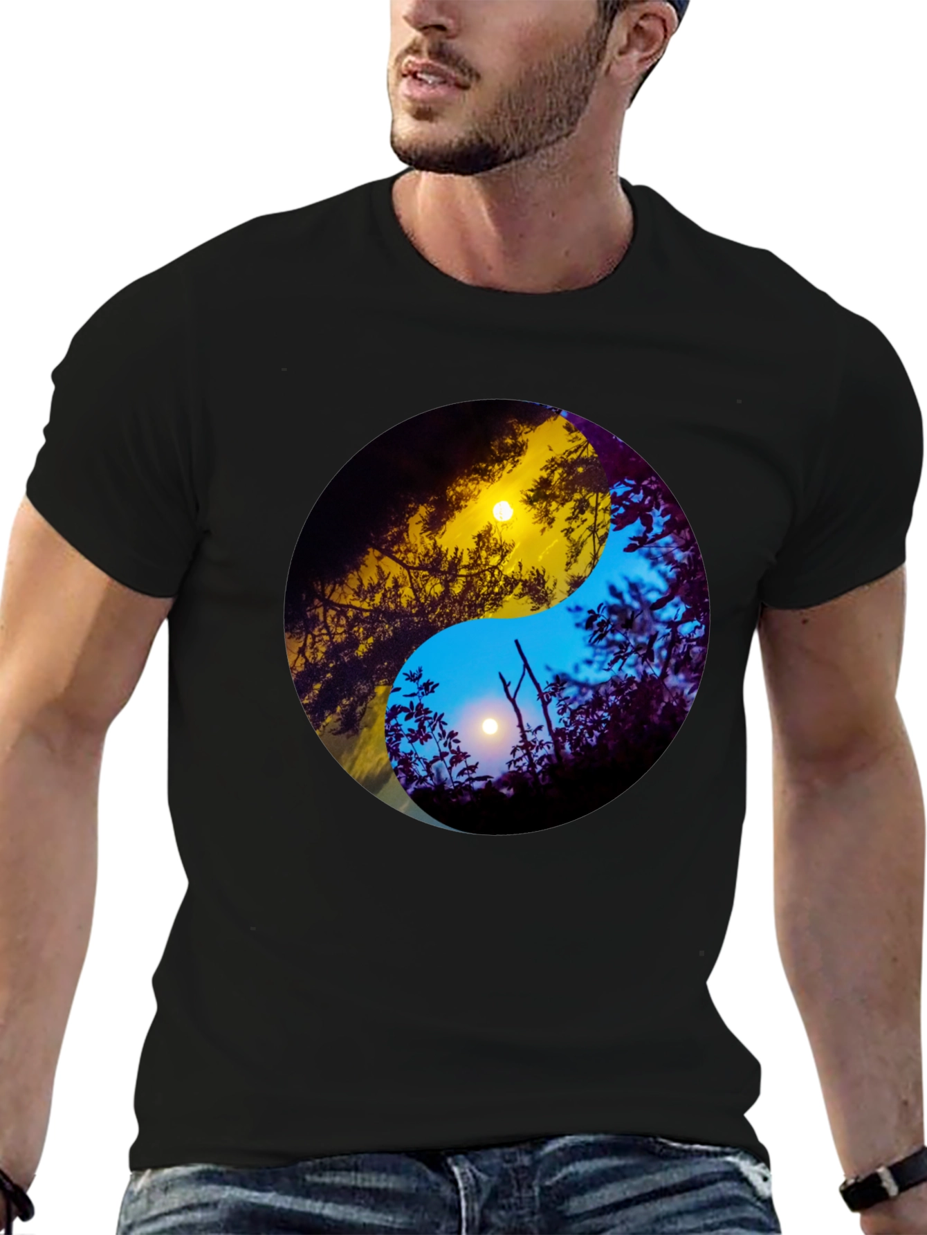 Black Yin Yang Sun & Moon Nature Graphic Tee view 6