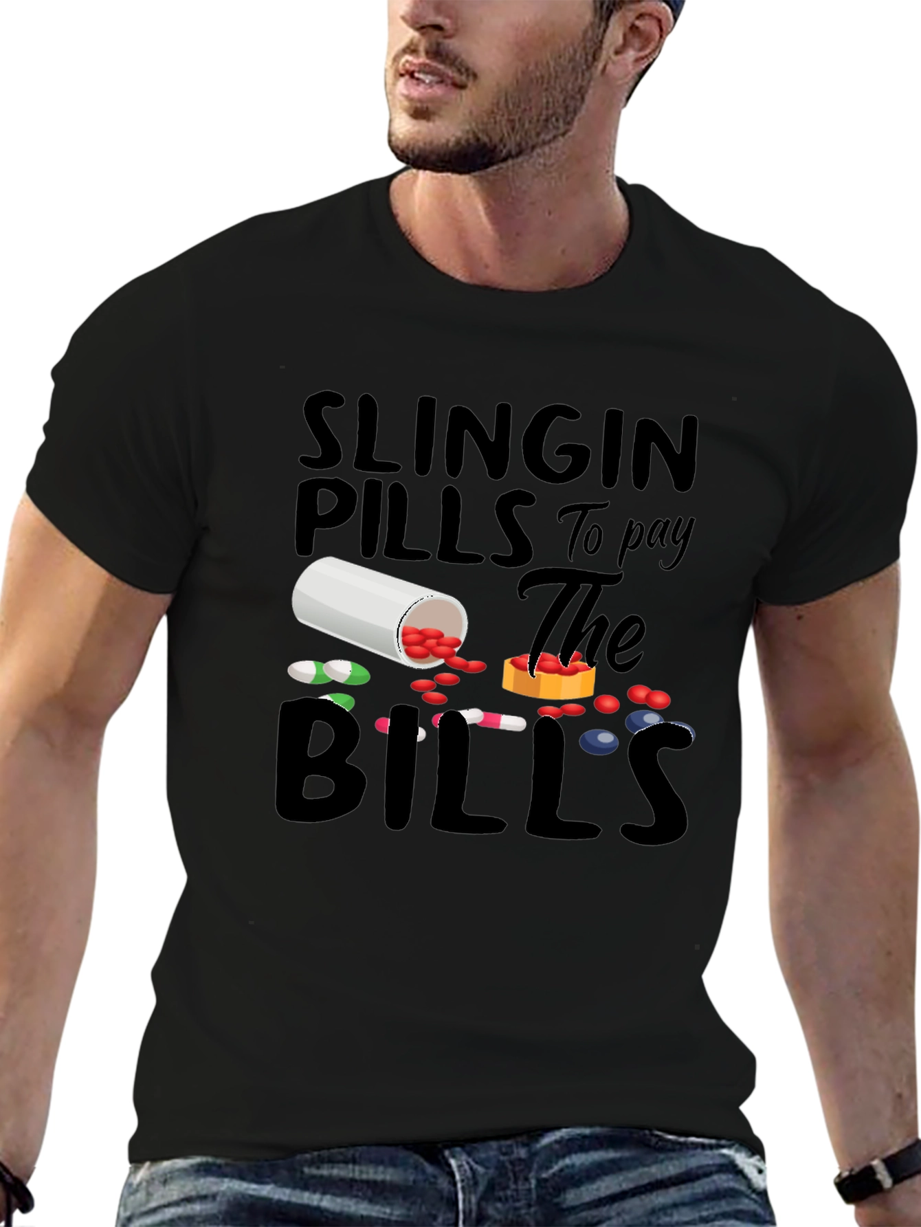 Black Slingin' Pills Graphic Tee - Funny Pharmacy T-Shirt view 6