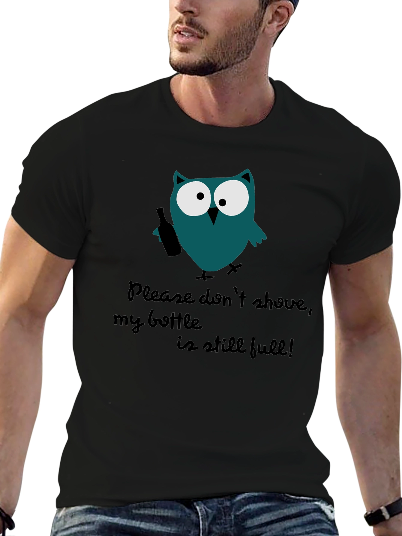 Black Funny Owl Bottle Graphic Men's T-Shirt view 6
