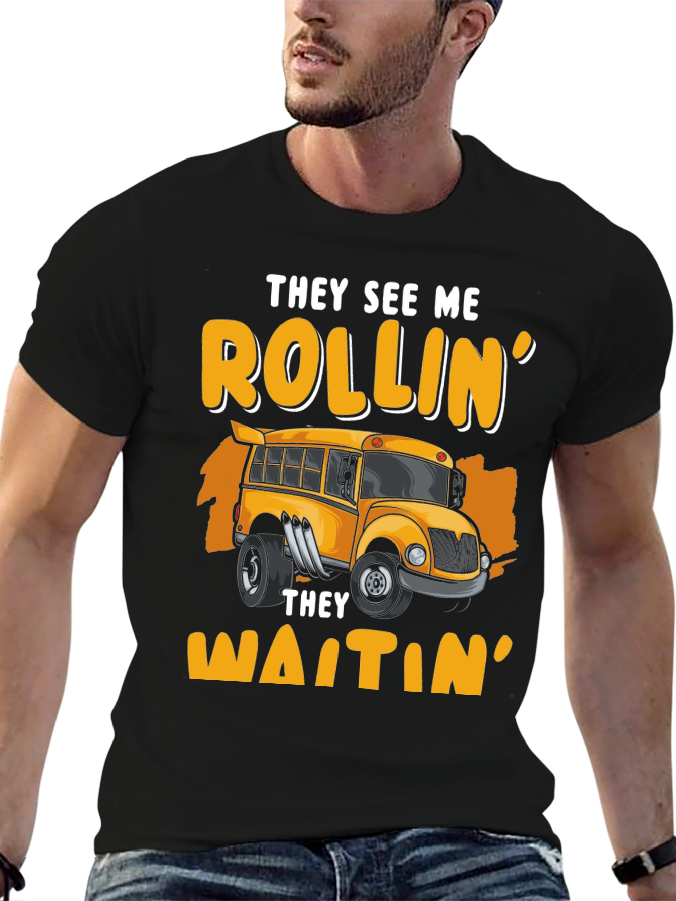 Black Rollin' School Bus T-Shirt - They See Me Waitin' view 6