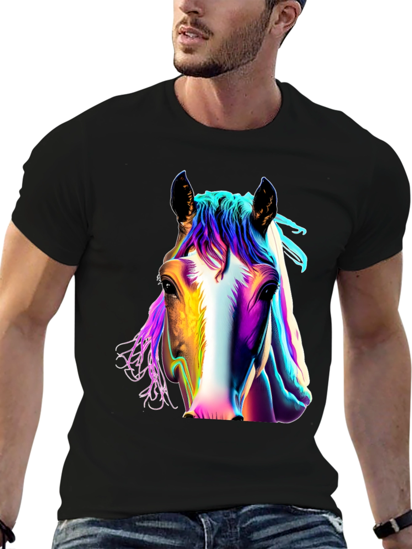 Colorful Horse Graphic Black T-Shirt - 6