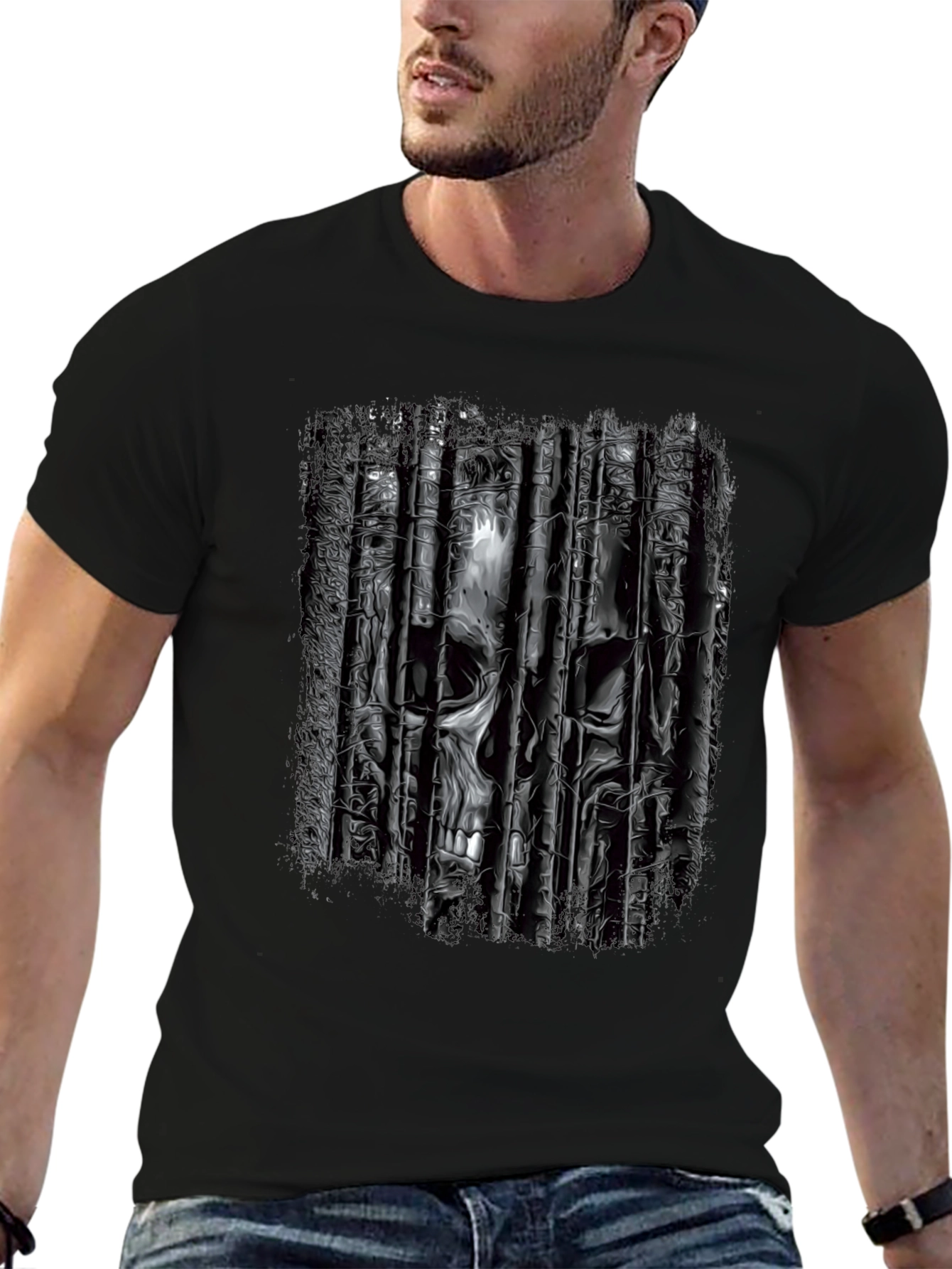 Black Skull Bars Graphic T-Shirt - Edgy Black Tee view 6