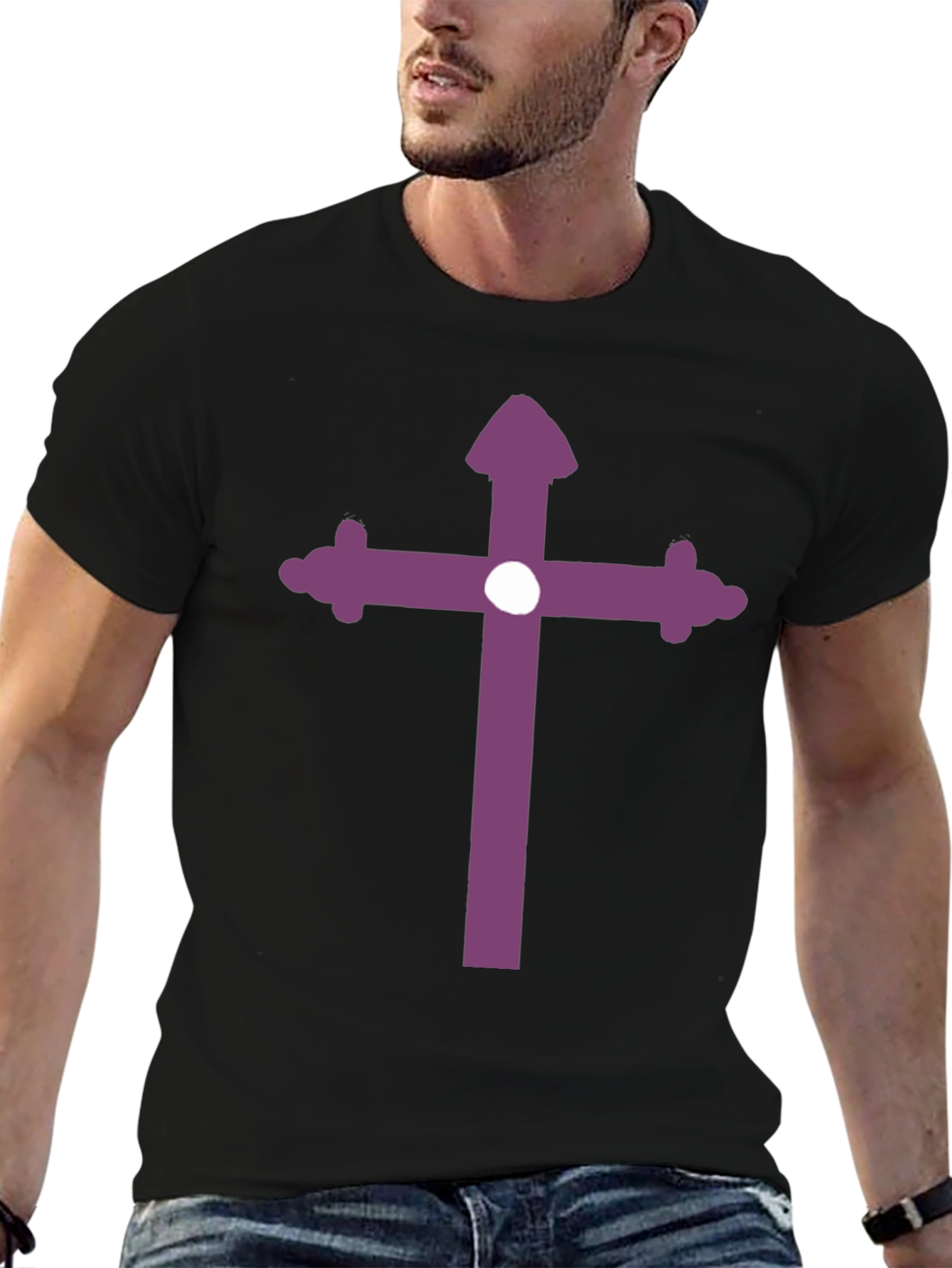 Black Black T-Shirt with Purple Cross Design view 6
