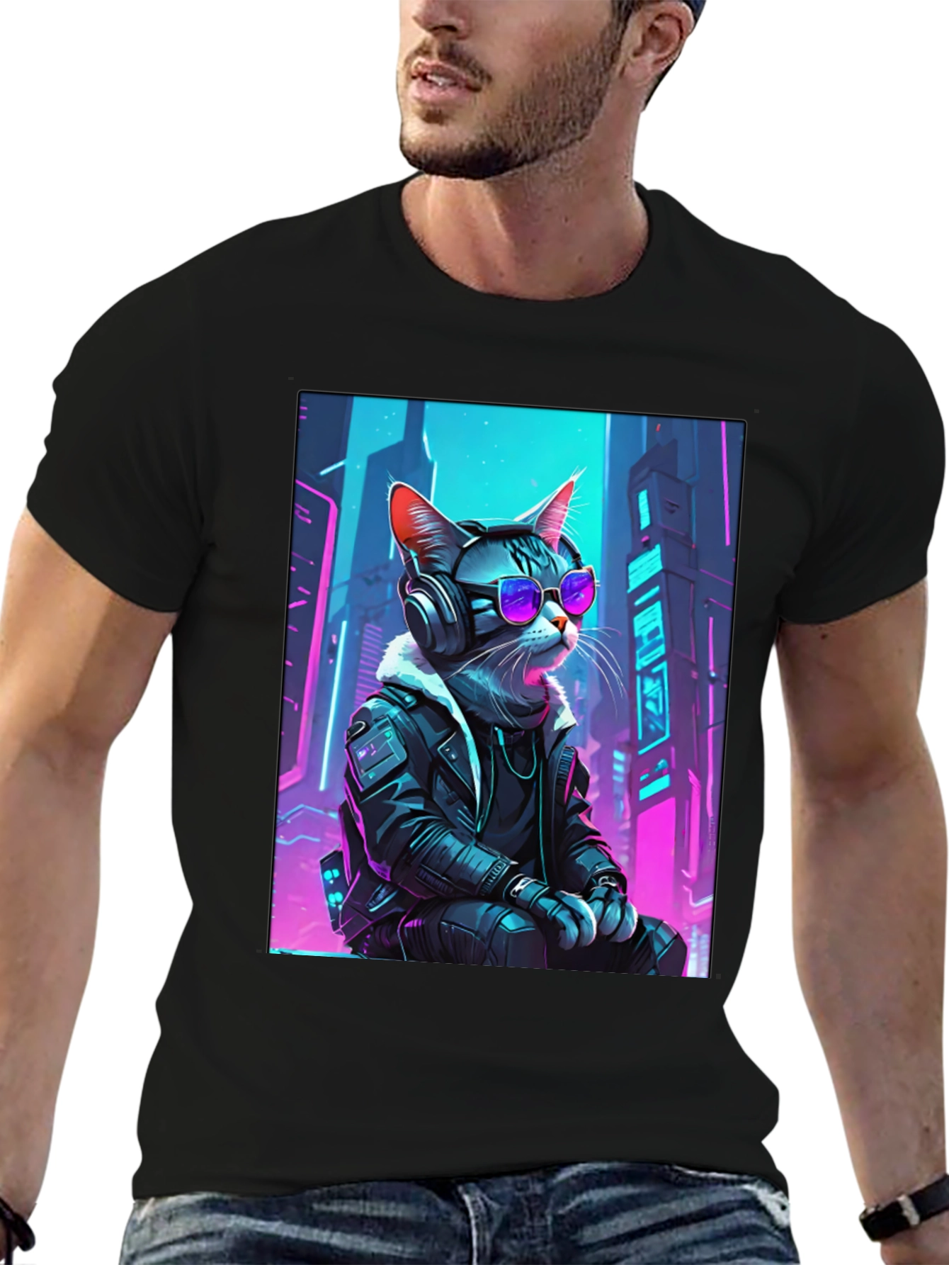 Black Cyberpunk Cat T-Shirt - Cool Neon Design view 6