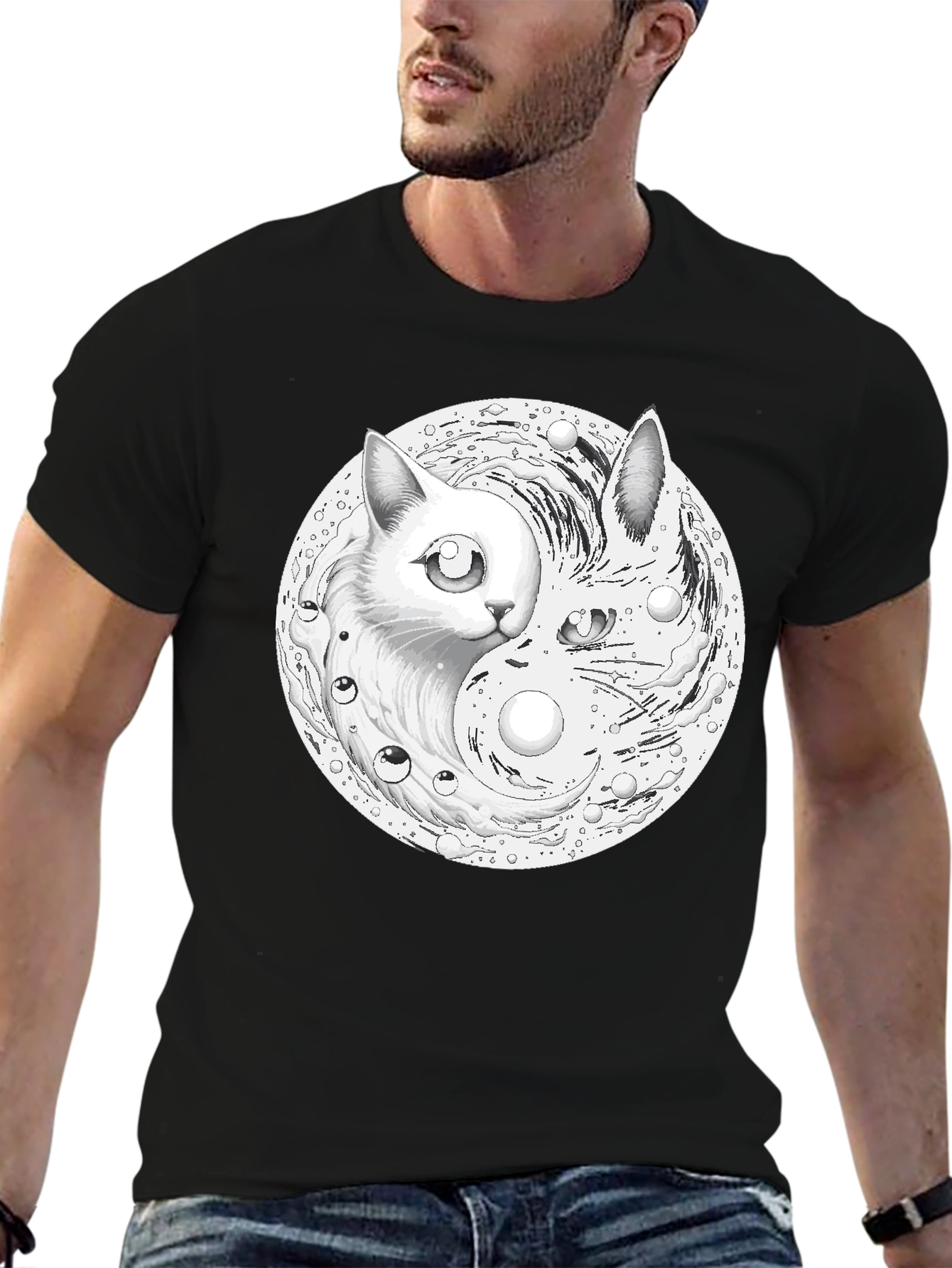 Black Yin Yang Cat Graphic Tee view 6