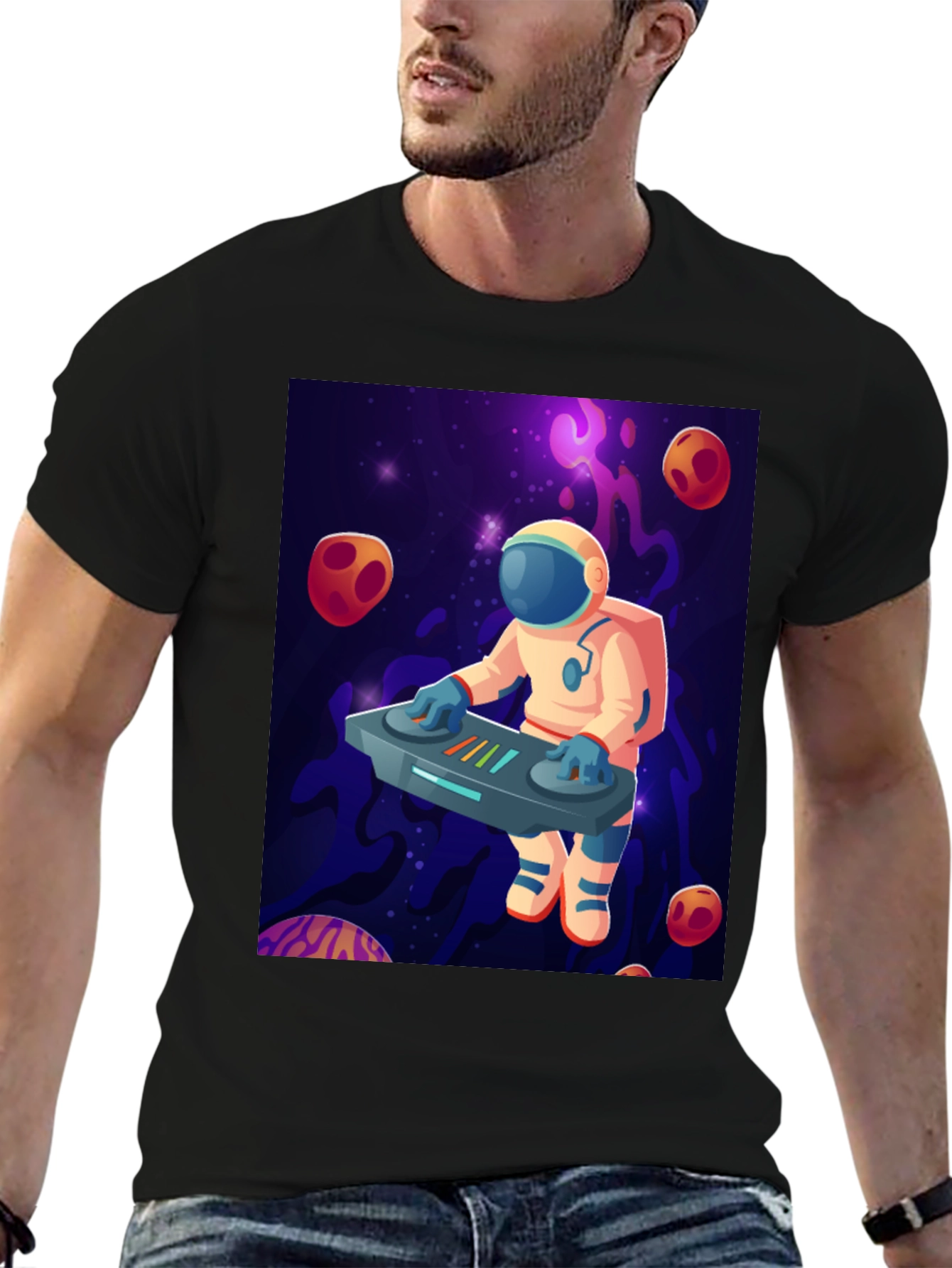 Black Astronaut DJ Graphic T-Shirt - Space Music Lover Tee view 6