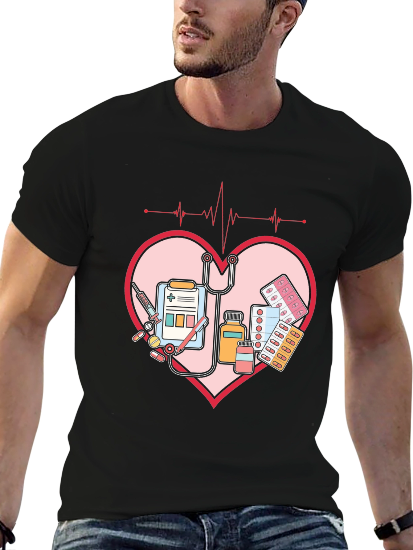 Black Heartbeat Nurse T-Shirt - Medical Love Tee view 6