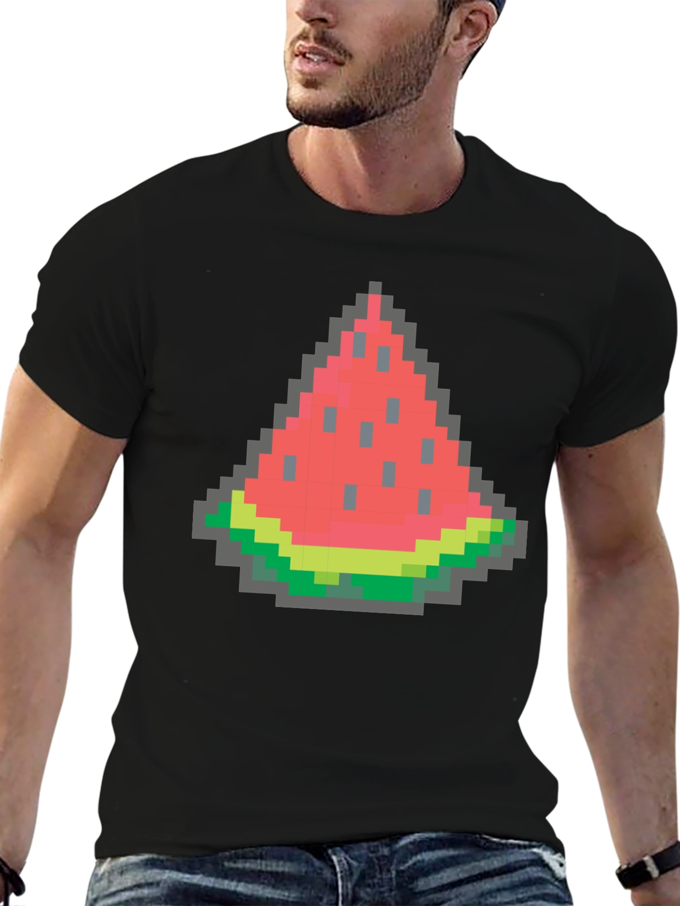 Black Pixel Watermelon Graphic Tee - Black Cotton Shirt view 6