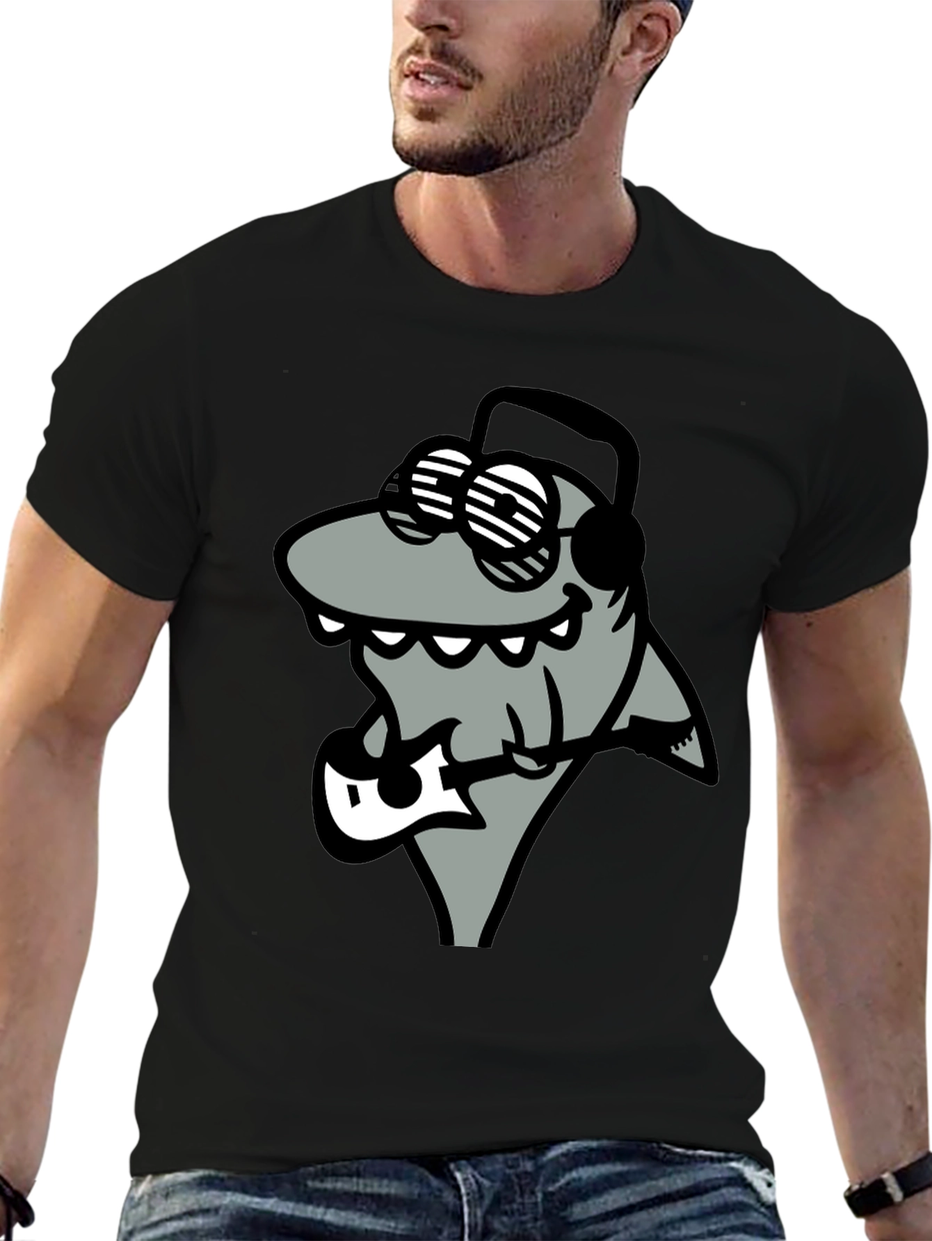 Black Cool Shark Guitarist Graphic Tee view 6