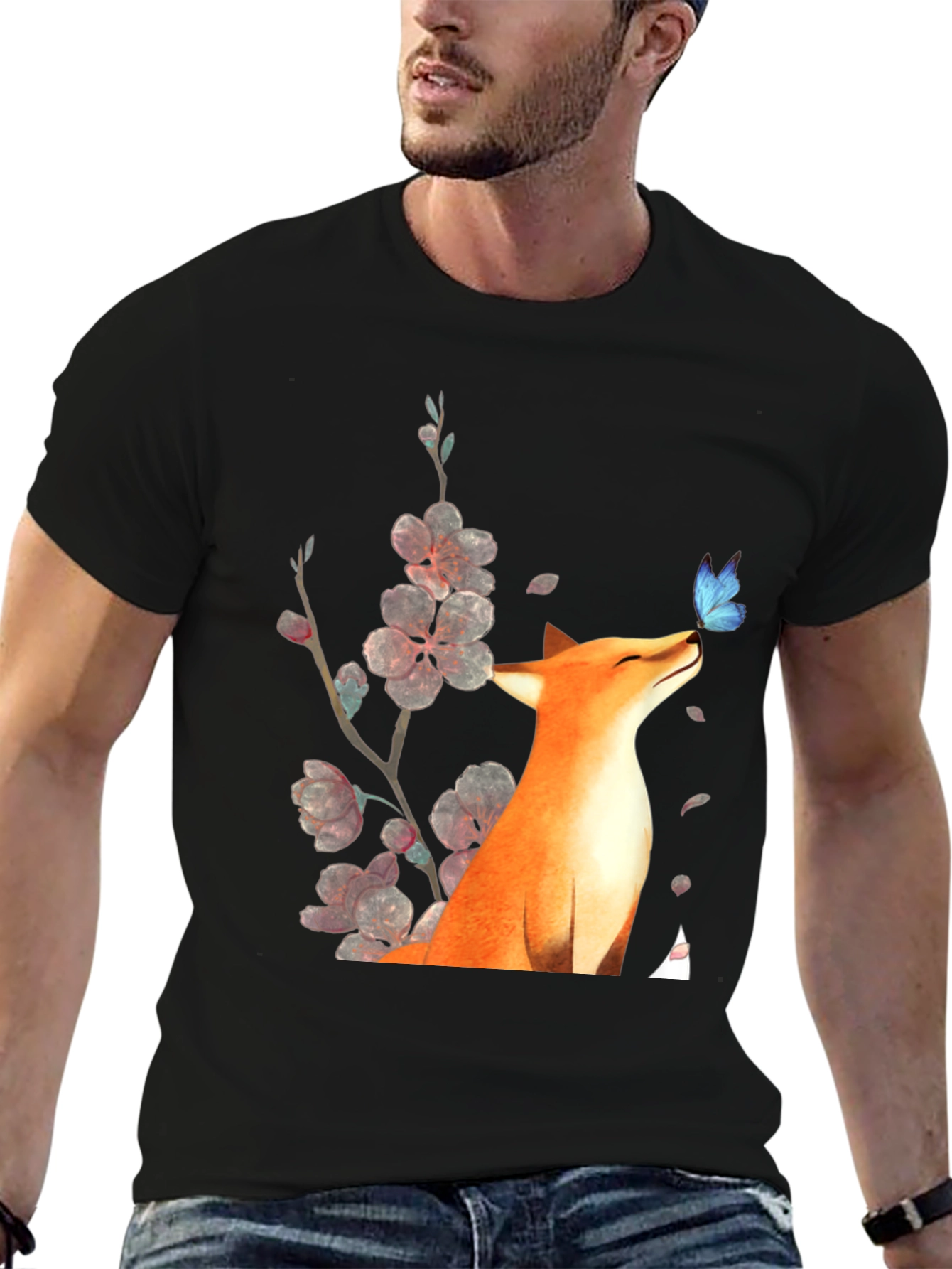 Black Fox & Butterfly Graphic Tee - Unisex Black T-Shirt view 6