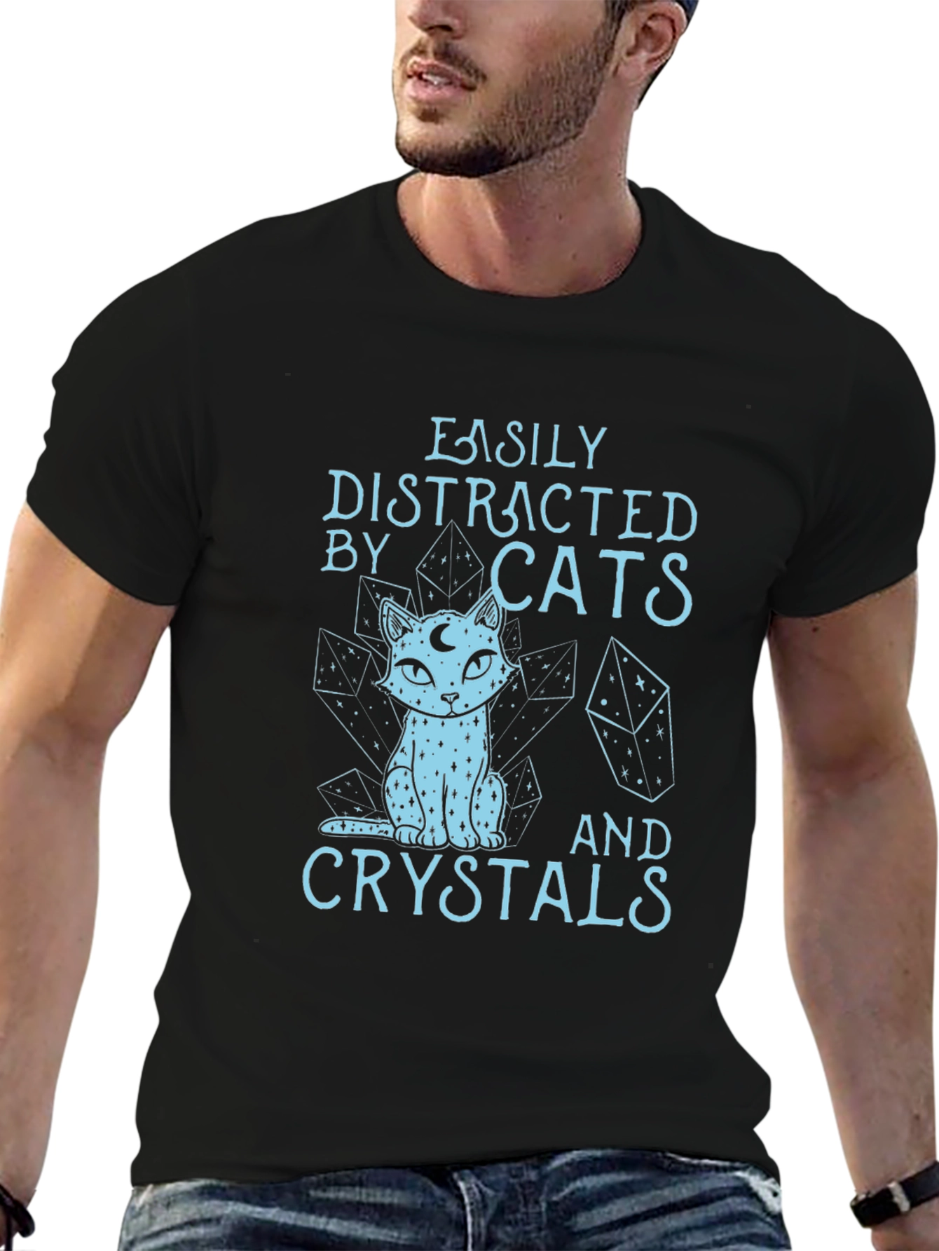 Black Easily Distracted by Cats & Crystals T-Shirt view 6