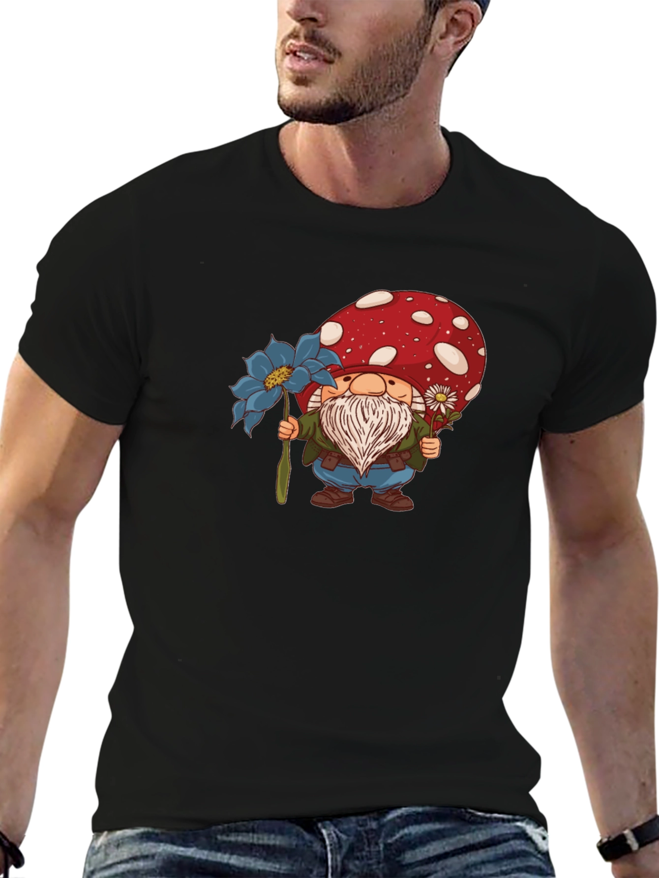 Black Mushroom Gnome T-Shirt - Whimsical Garden Style view 6
