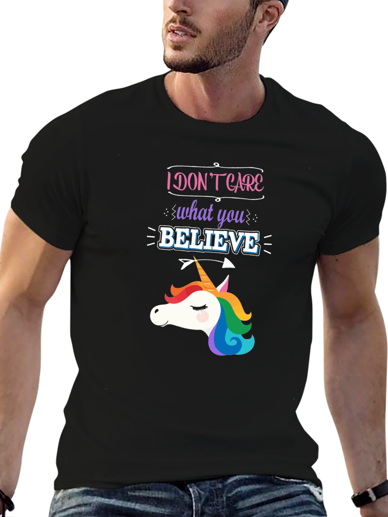 Black I Don't Care What You Believe Unicorn Graphic Tee view 6