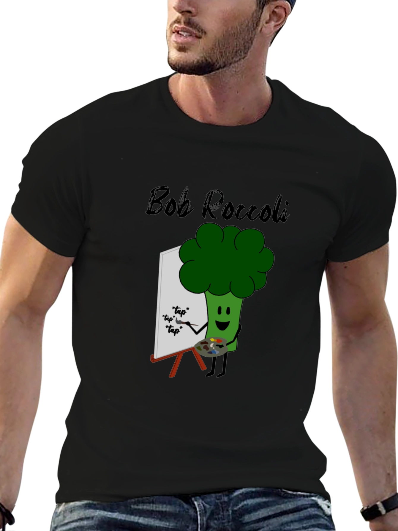 Black Bob Roccoli T-Shirt: Quirky Broccoli Artist Tee view 6