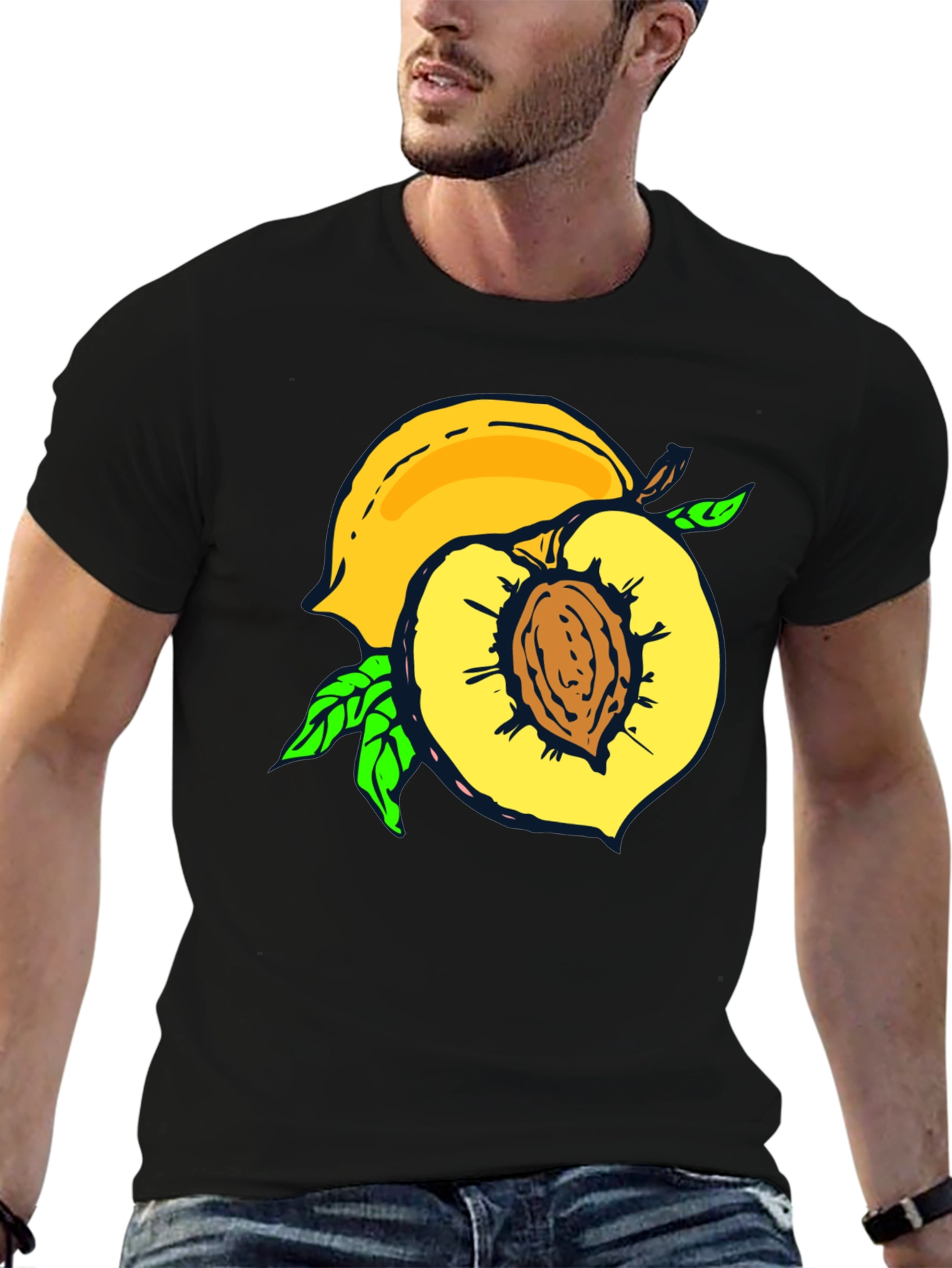 Black Peach Graphic Tee - Fruit Lover's Casual Black T-Shirt view 6