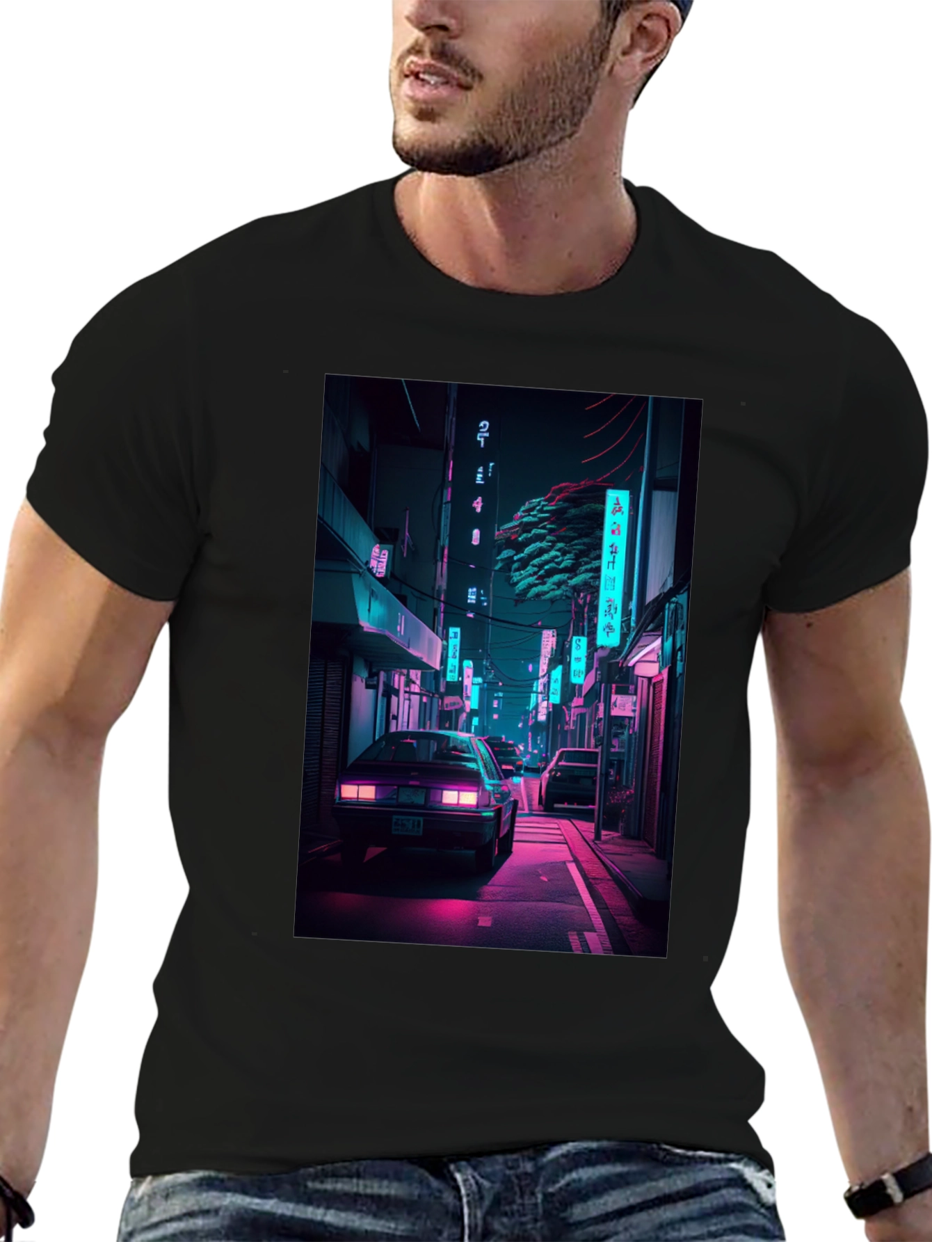 Black Retro Neon City Car Graphic T-Shirt view 6