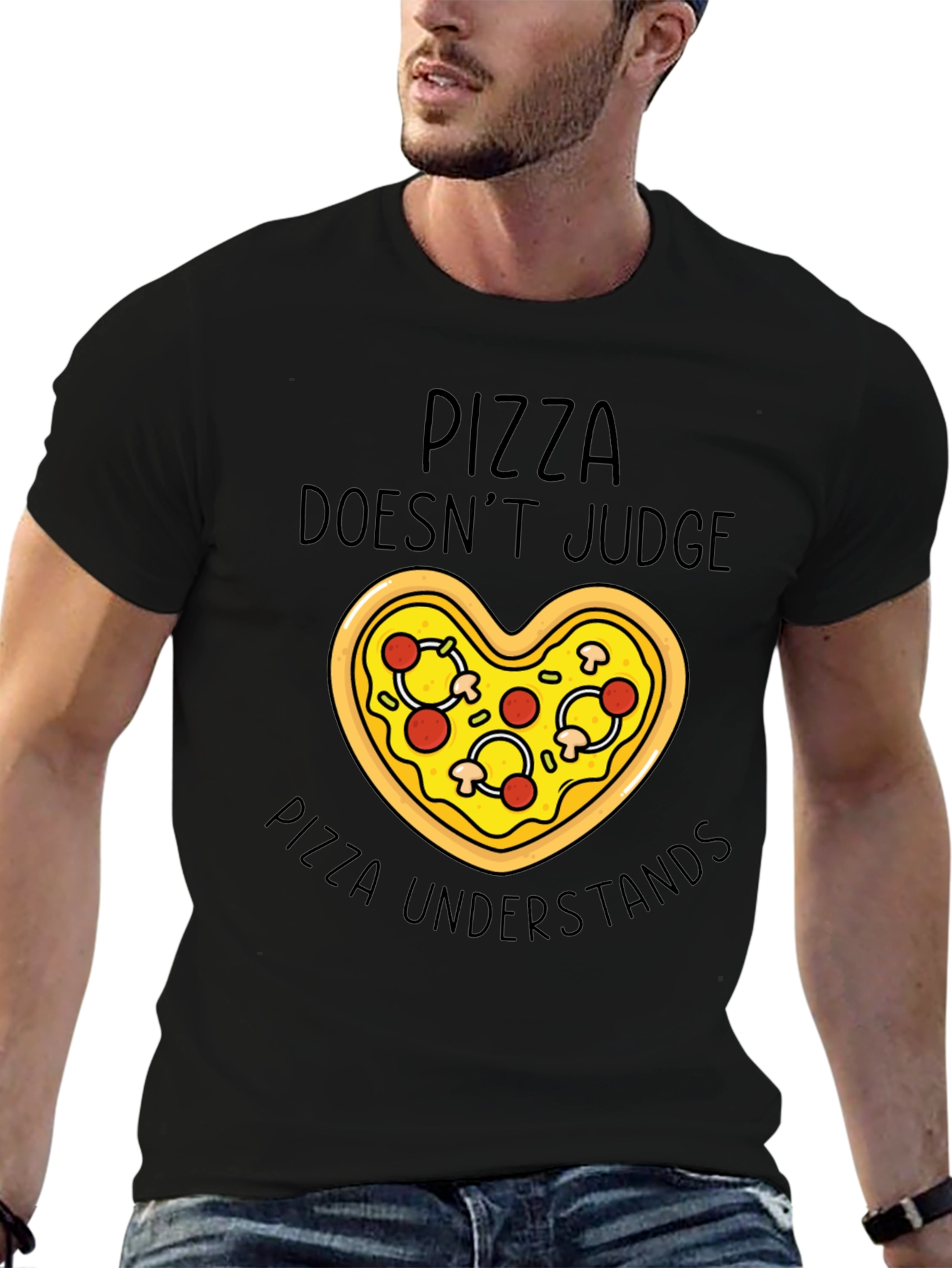 Black Pizza Lover's Tee: Pizza Doesn't Judge T-Shirt view 6